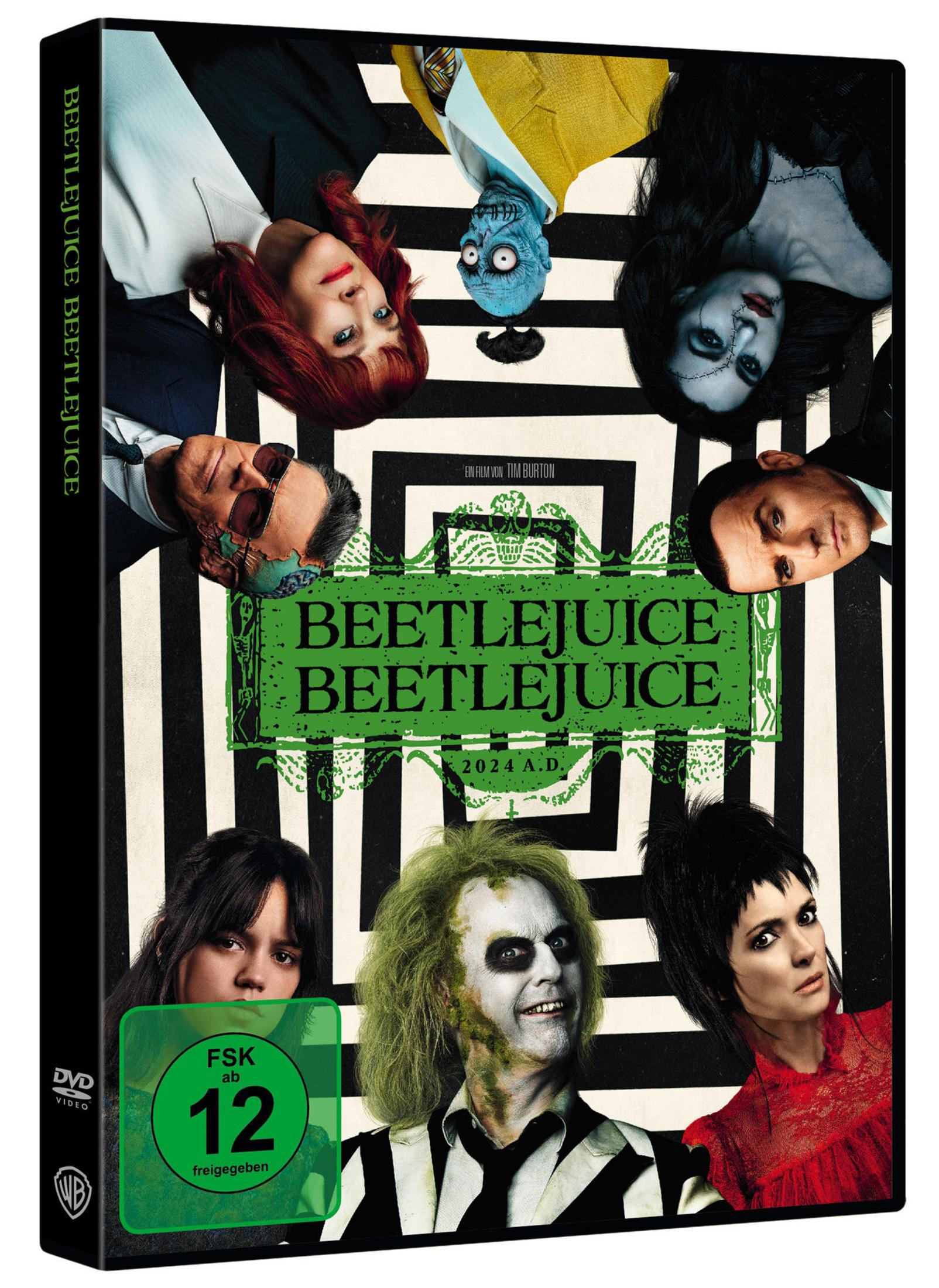 DVD-Cover von Beetlejuice Beetlejuice mit Charakteren vor einem schwarz-weißen Spiralhintergrund.