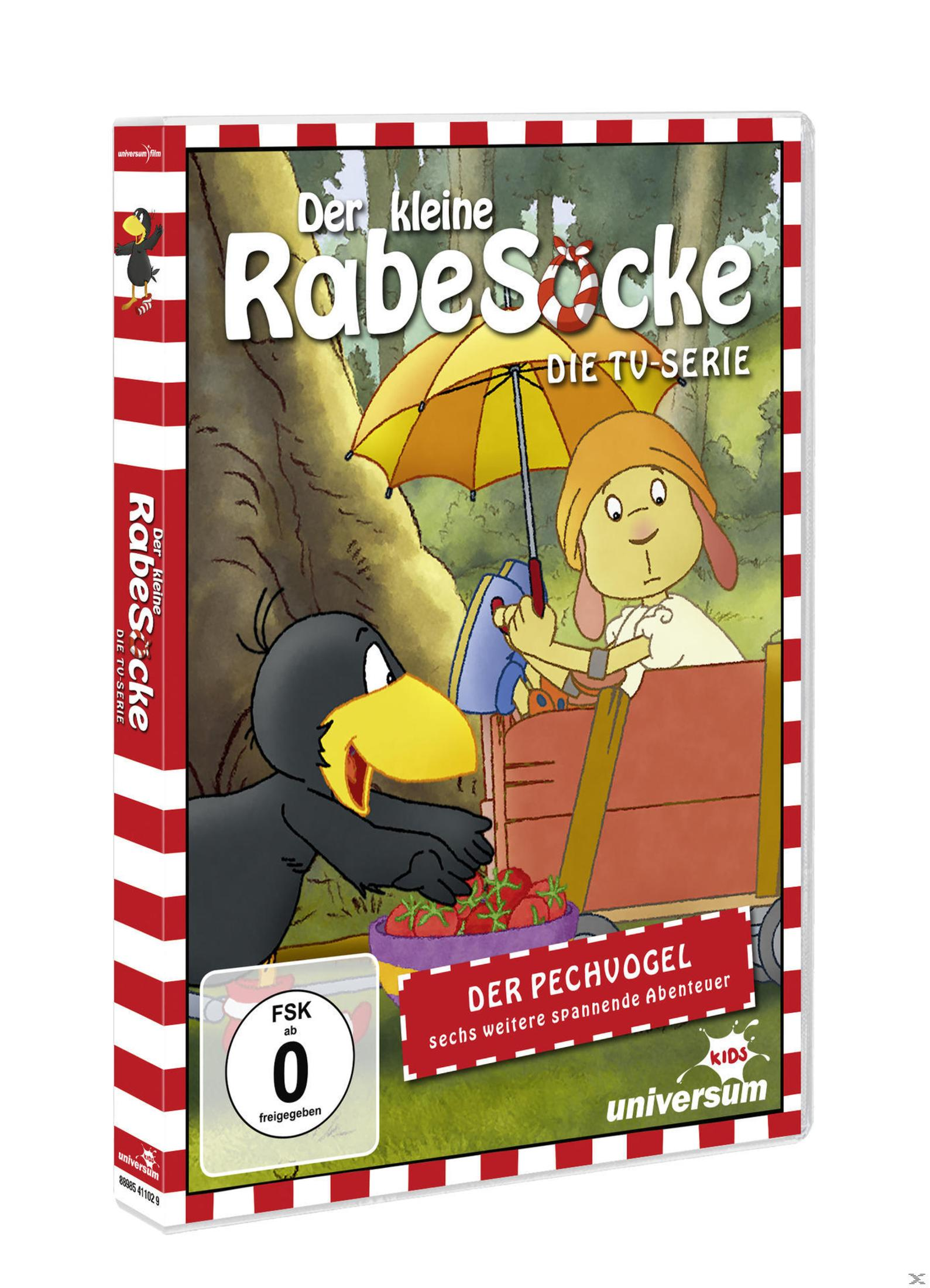 DVD-Cover von Der kleine Rabe Socke mit Krähe, Häschen und Regenschirm im Wald.