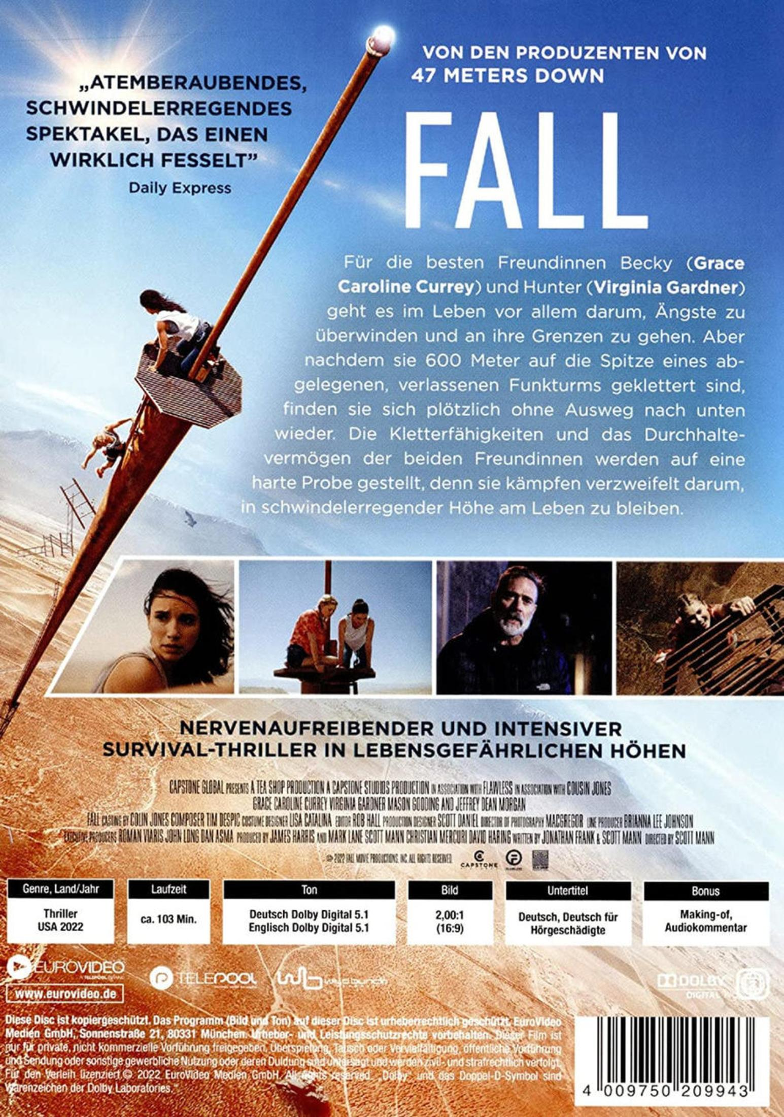 Filmposter zeigt zwei Frauen auf einer verlassenen Funkturmspitze, umgeben von Text und kleinen Filmszenen.