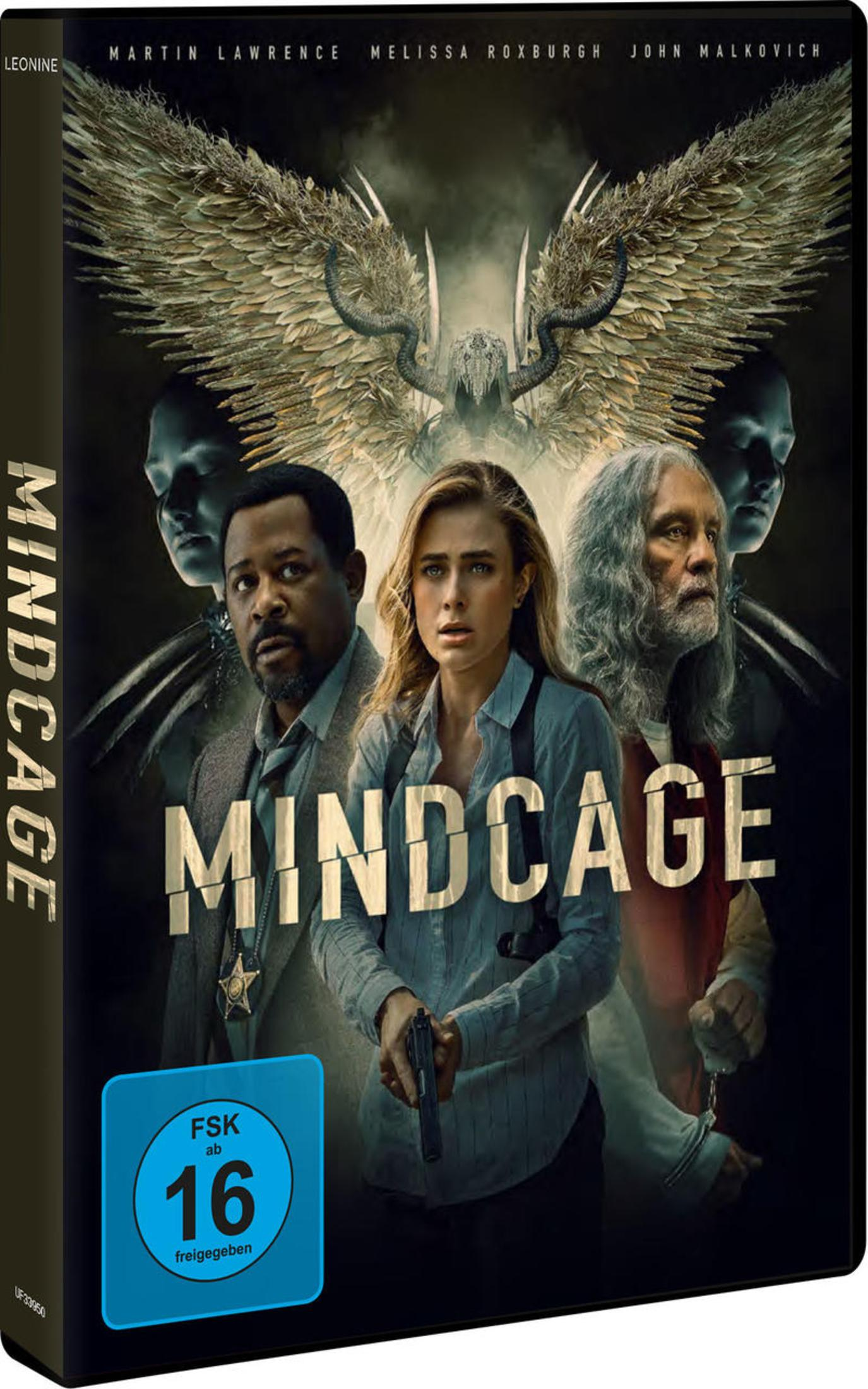 DVD-Cover von Mindcage mit Martin Lawrence, Melissa Roxburgh und John Malkovich vor Engelsflügeln.