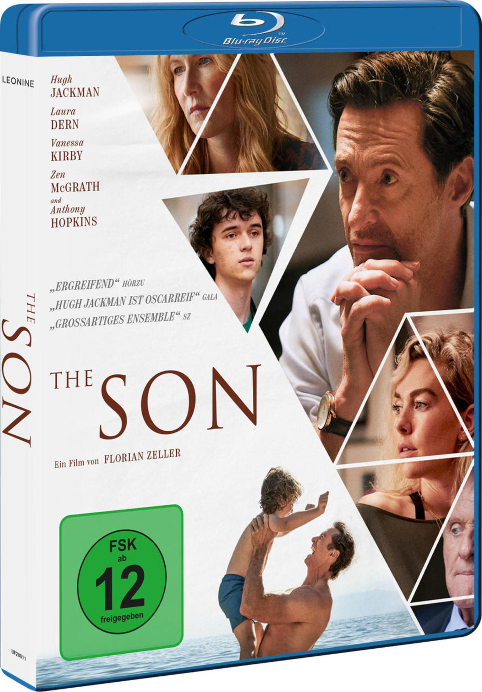 Blu-Ray-Cover von The Son mit Hugh Jackman, Laura Dern und Vanessa Kirby in dreieckigen Fotofinishs.