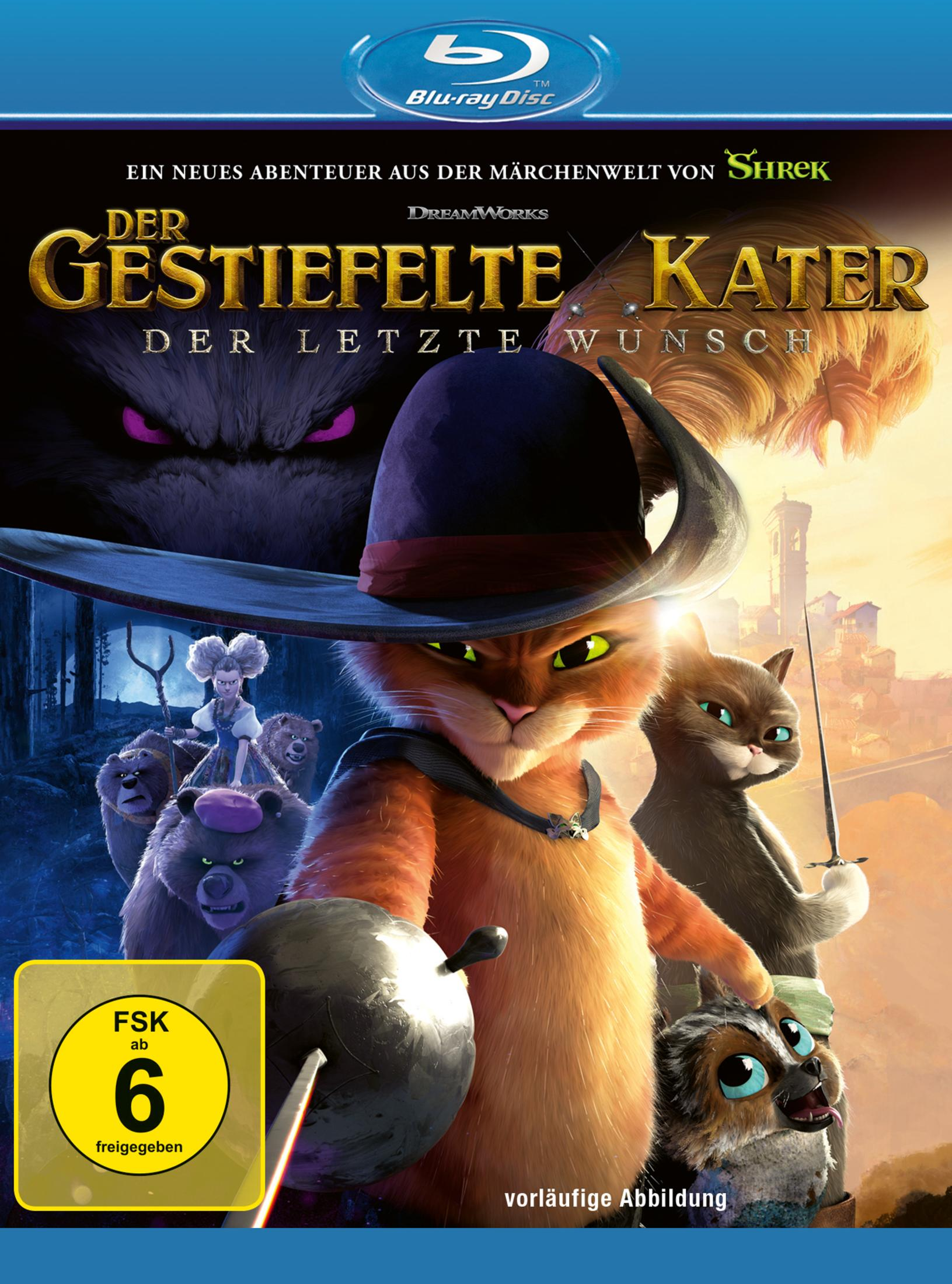 Puss in Boots, Kitty Softpaws und Perro halten Schwerter, mit Schurken im Hintergrund.