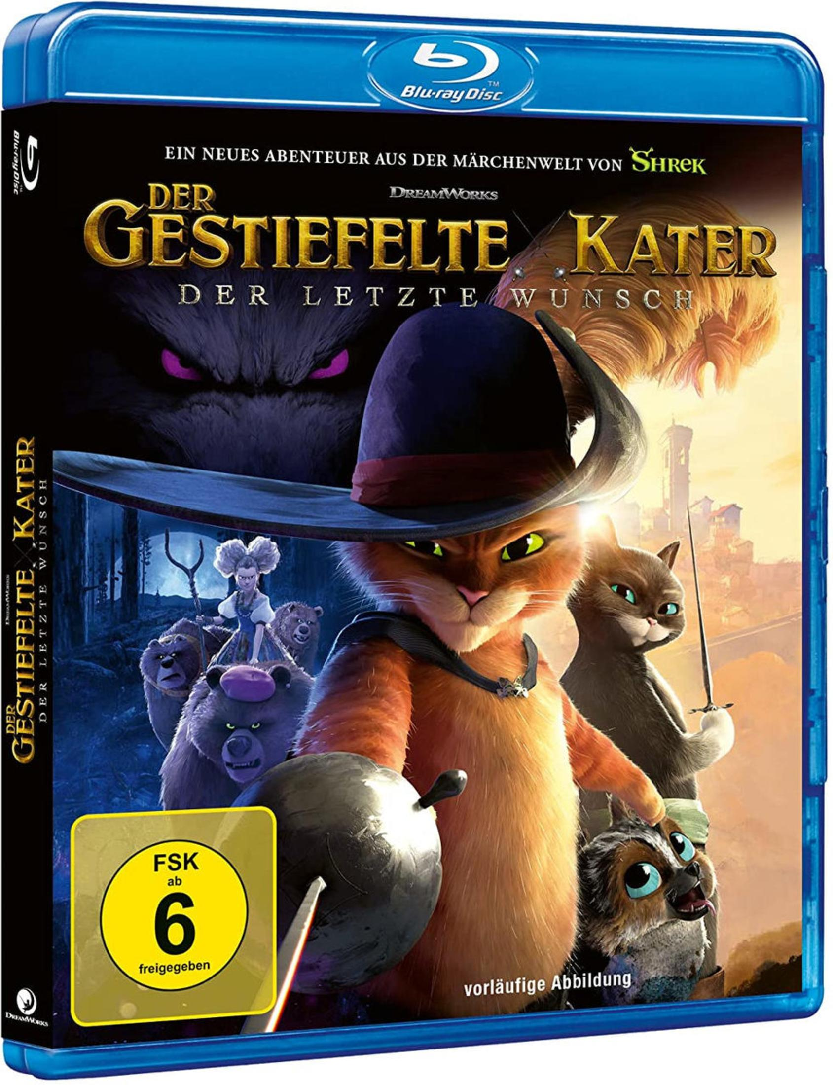 Der gestiefelte Kater und andere Figuren auf dem Blu-ray-Cover von Der letzte Wunsch.