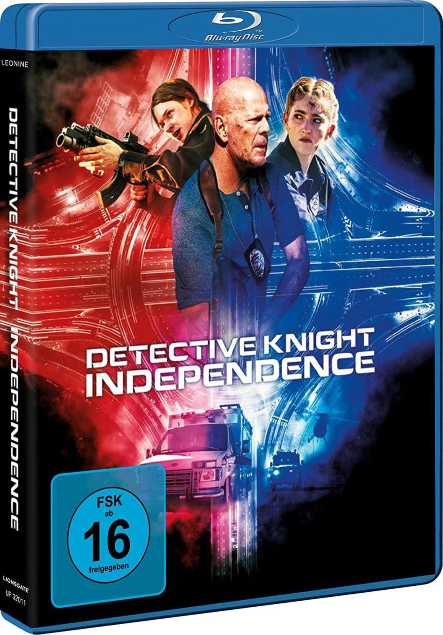 Blu-ray-Hülle von Detective Knight Independence mit drei Personen und einem Krankenwagen im roten und blauen Licht.