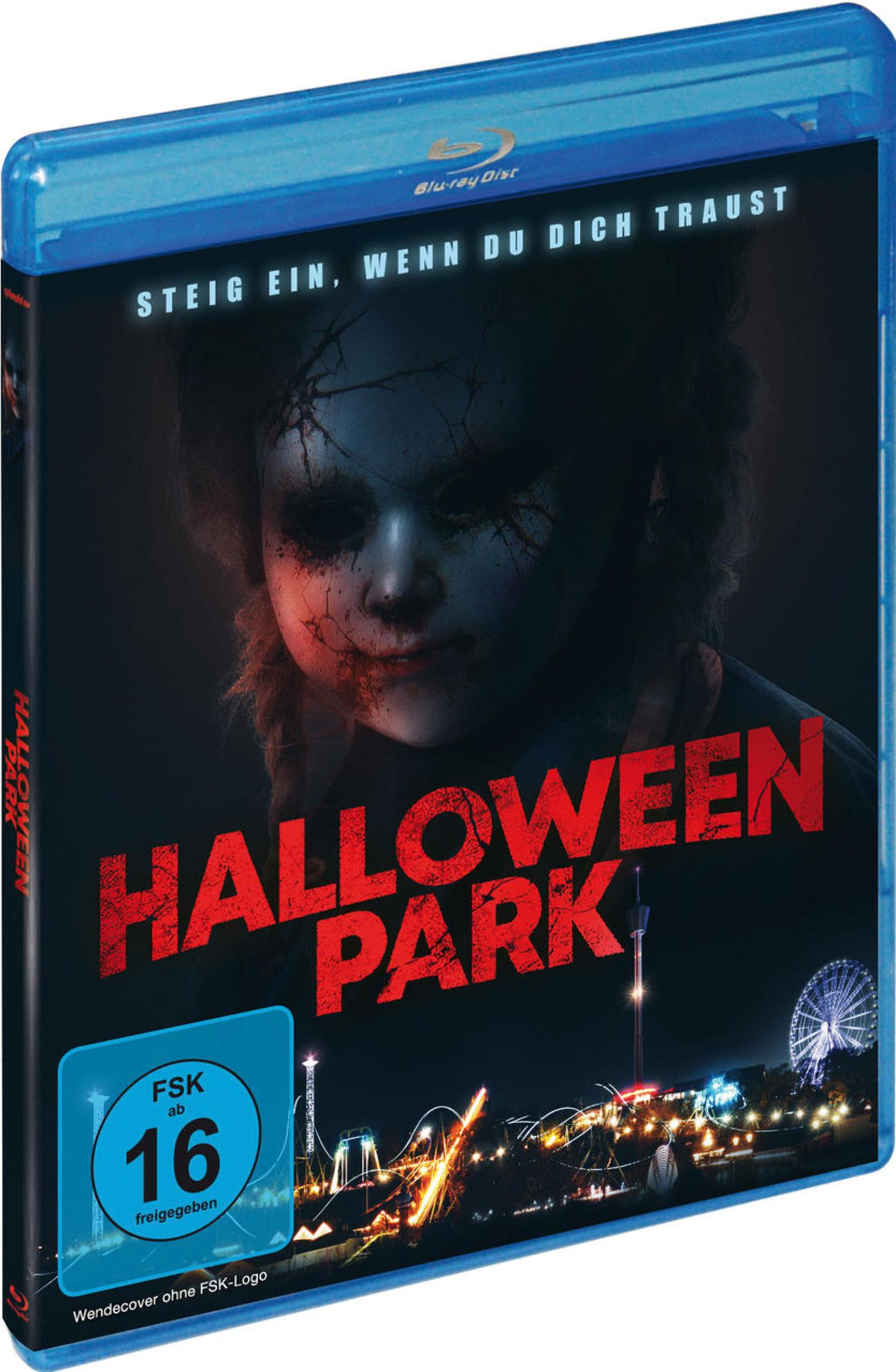 Blu-ray-Hülle des Horrorfilms Halloween Park mit einer unheimlichen Puppe vor einem nächtlichen Vergnügungspark.