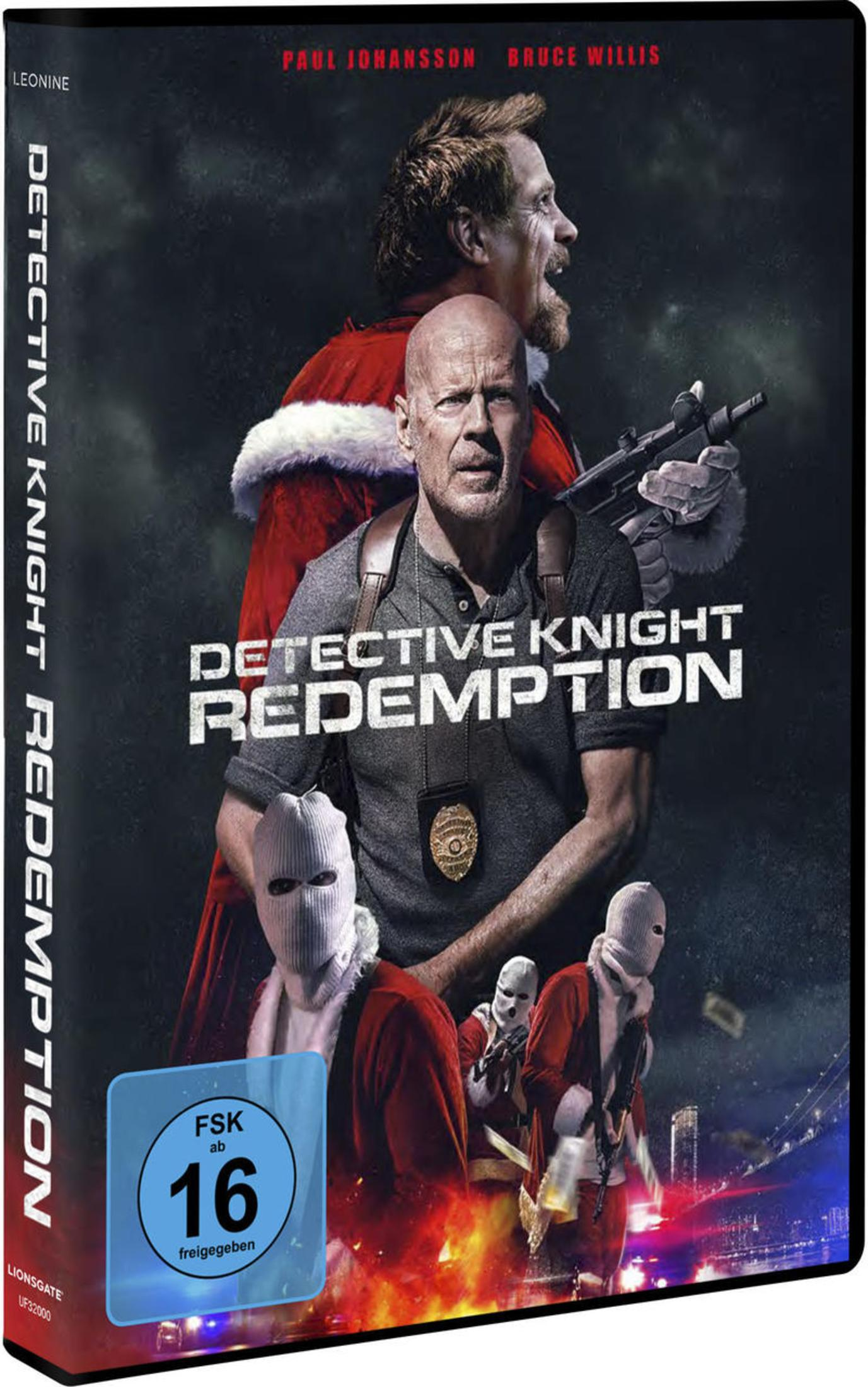 DVD-Cover von Detective Knight Redemption mit Bruce Willis und bewaffneten Personen in Weihnachtsmann-Kostümen.