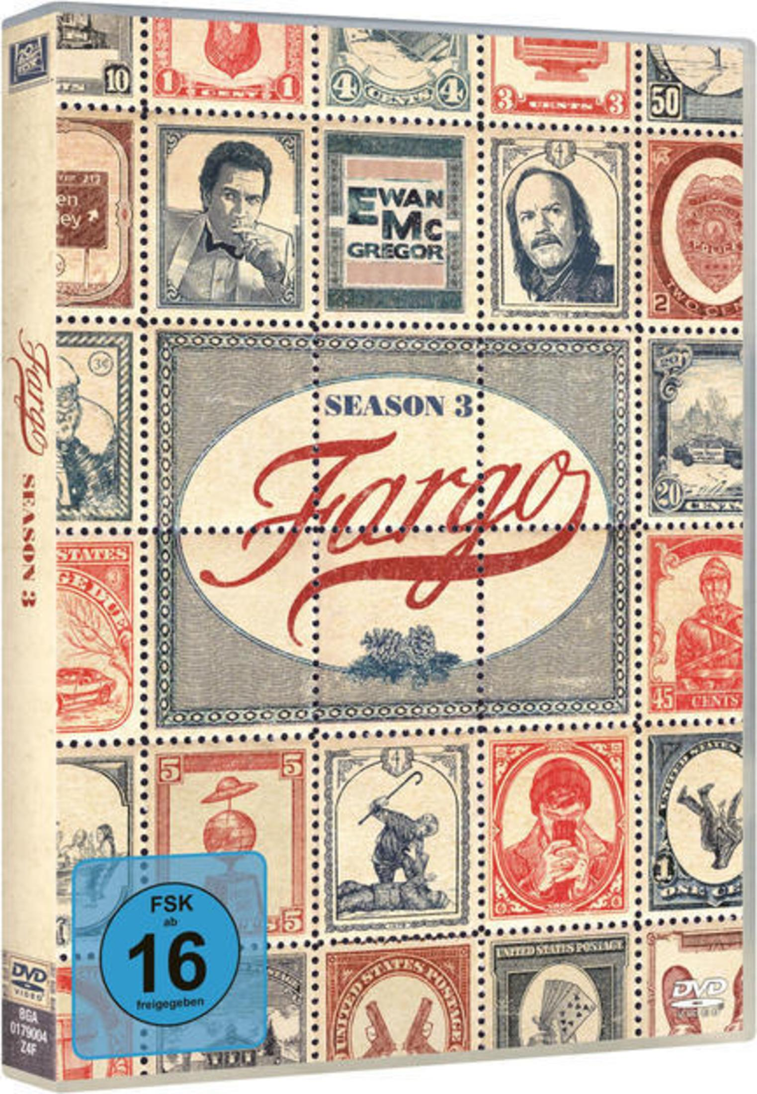 DVD-Cover von Fargo Staffel 3 mit einer Collage aus Briefmarken in Rot, Blau und Beige.