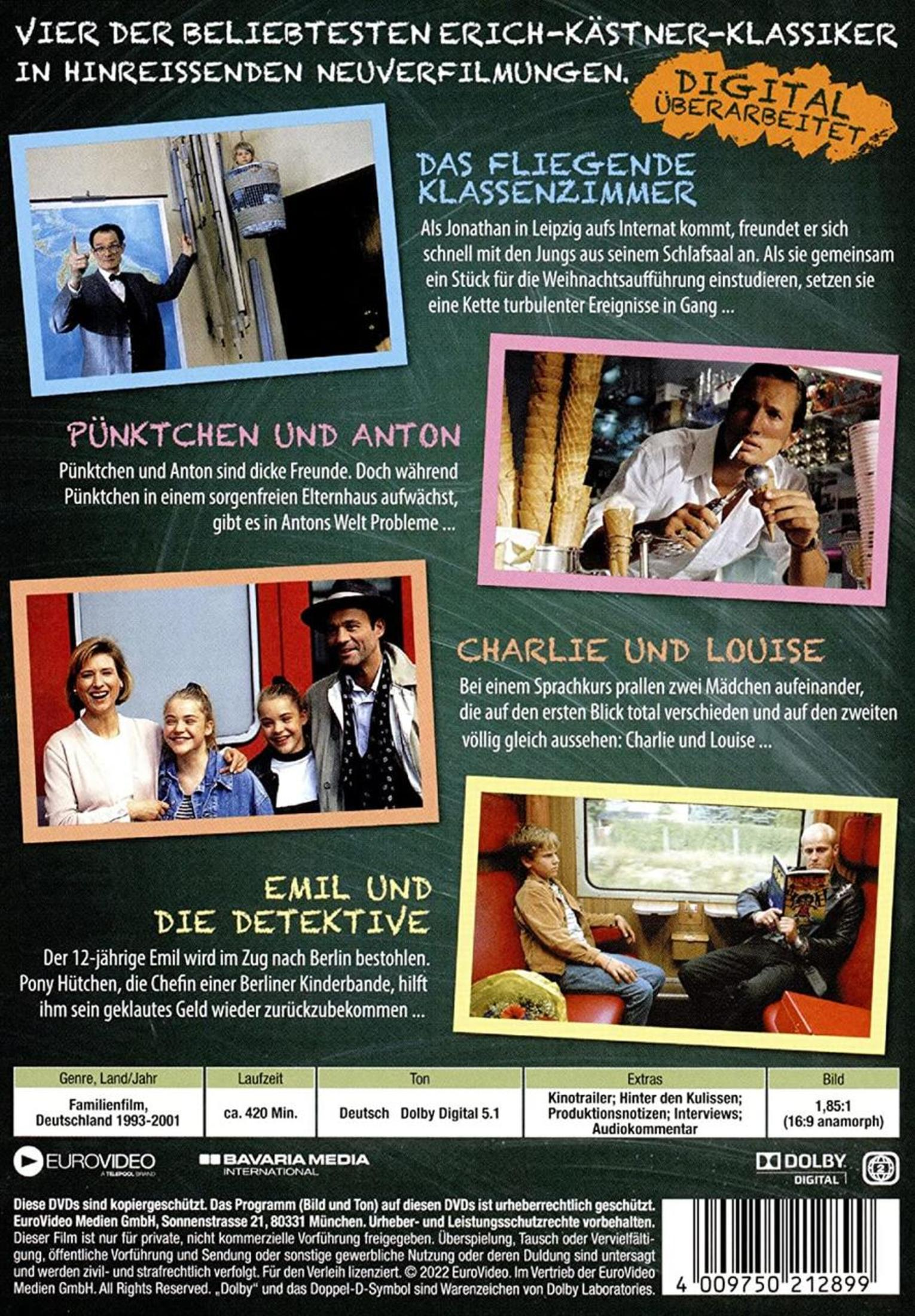 Rückseite einer DVD-Hülle mit vier Erich-Kästner-Klassiker-Filmen und Beschreibungen vor grünem Hintergrund.