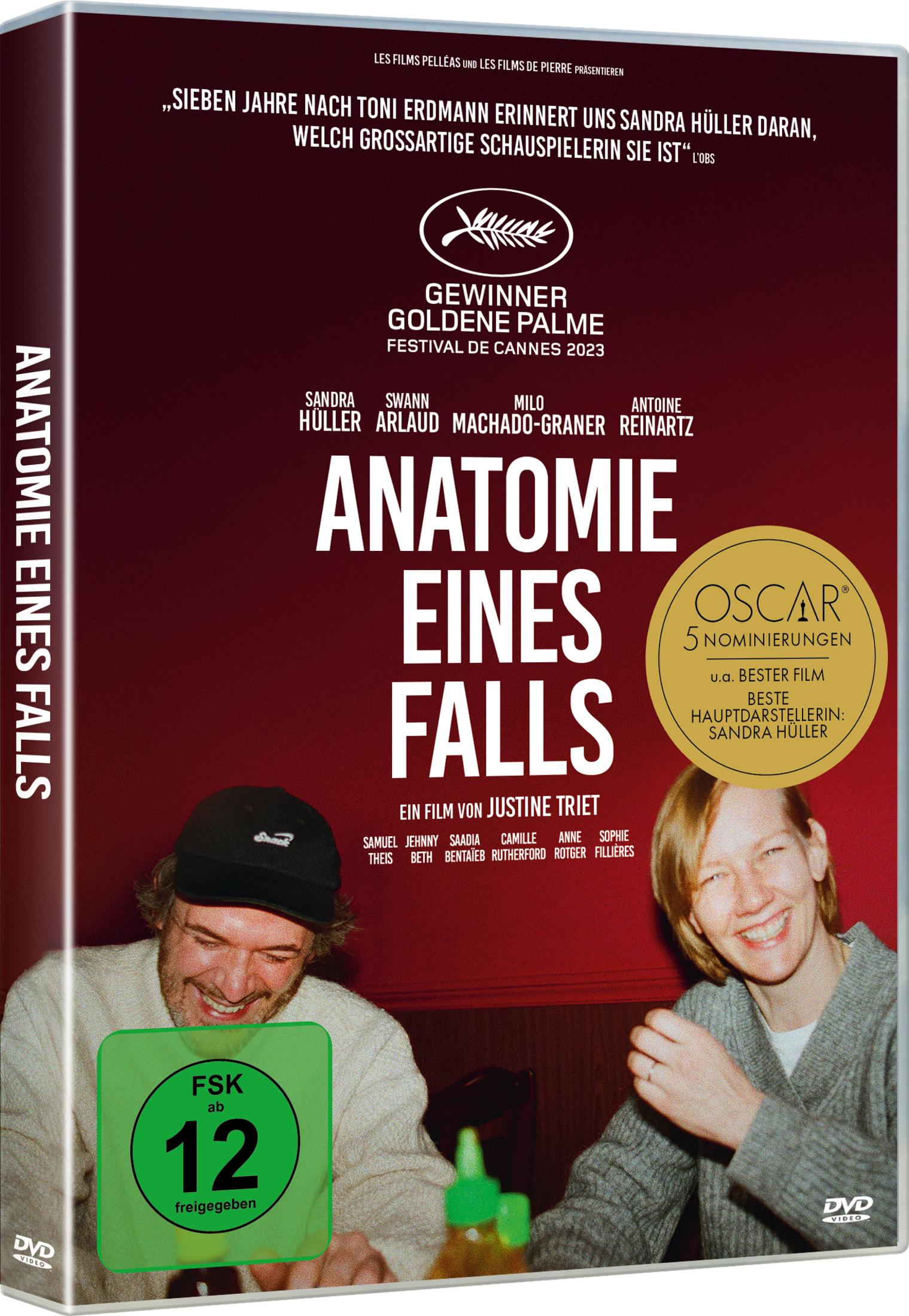 DVD-Cover des Films Anatomie eines Falls mit Titel, Darstellern, Preisen und zwei lächelnden Personen.