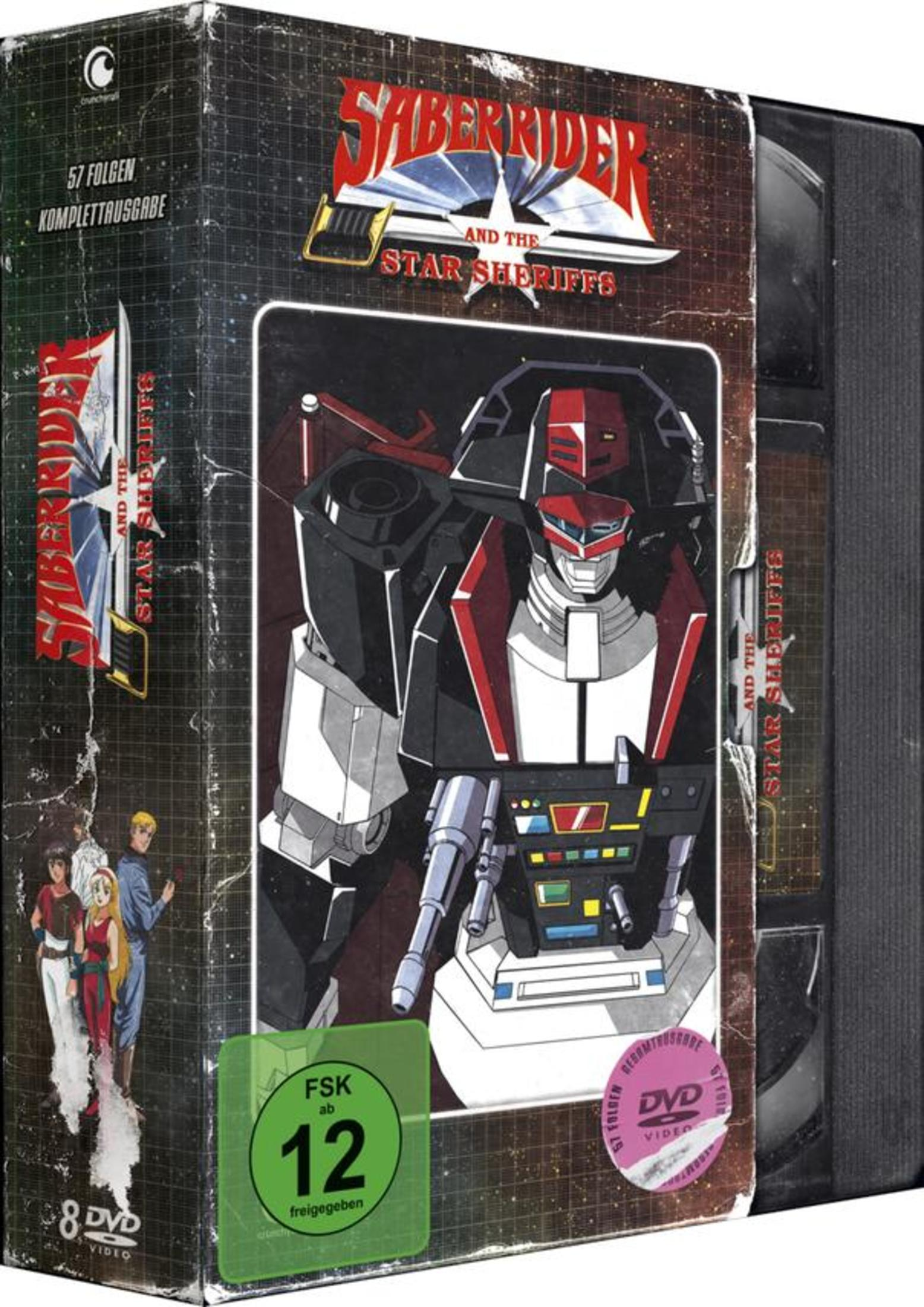 DVD-Box von Saber Rider und die Star Sheriffs mit einem großen Roboter und vier Charakteren.