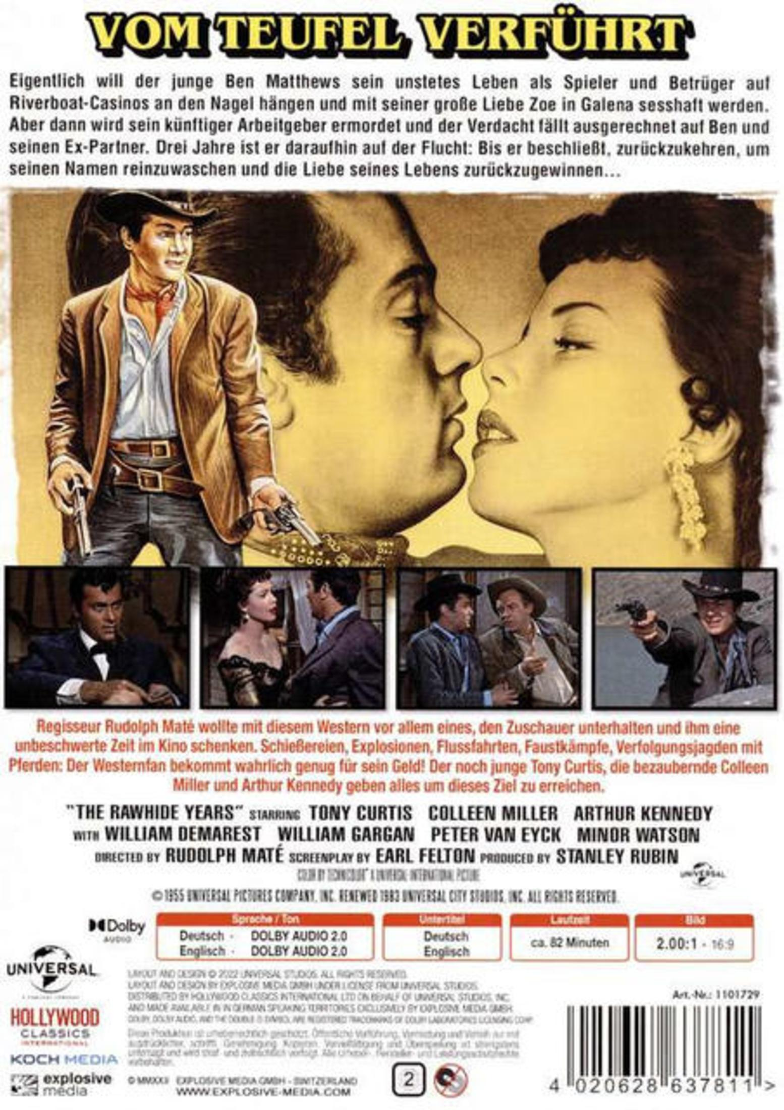 DVD-Rückseite des Westerns Vom Teufel verführt mit Tony Curtis, Szenenbildern, Beschreibung und technischen Daten.