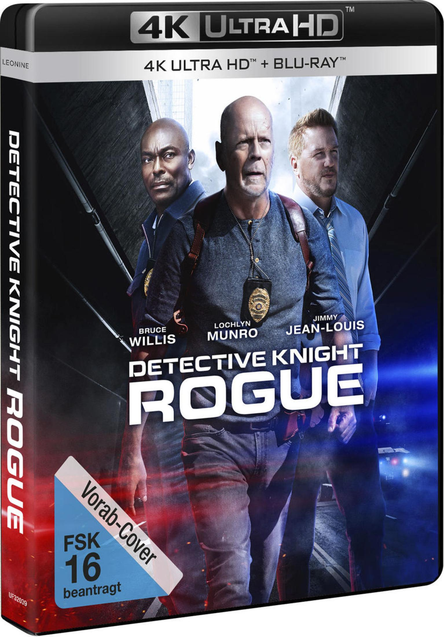 DVD-Cover von Detective Knight Rogue mit Bruce Willis und zwei weiteren Männern im Tunnel.