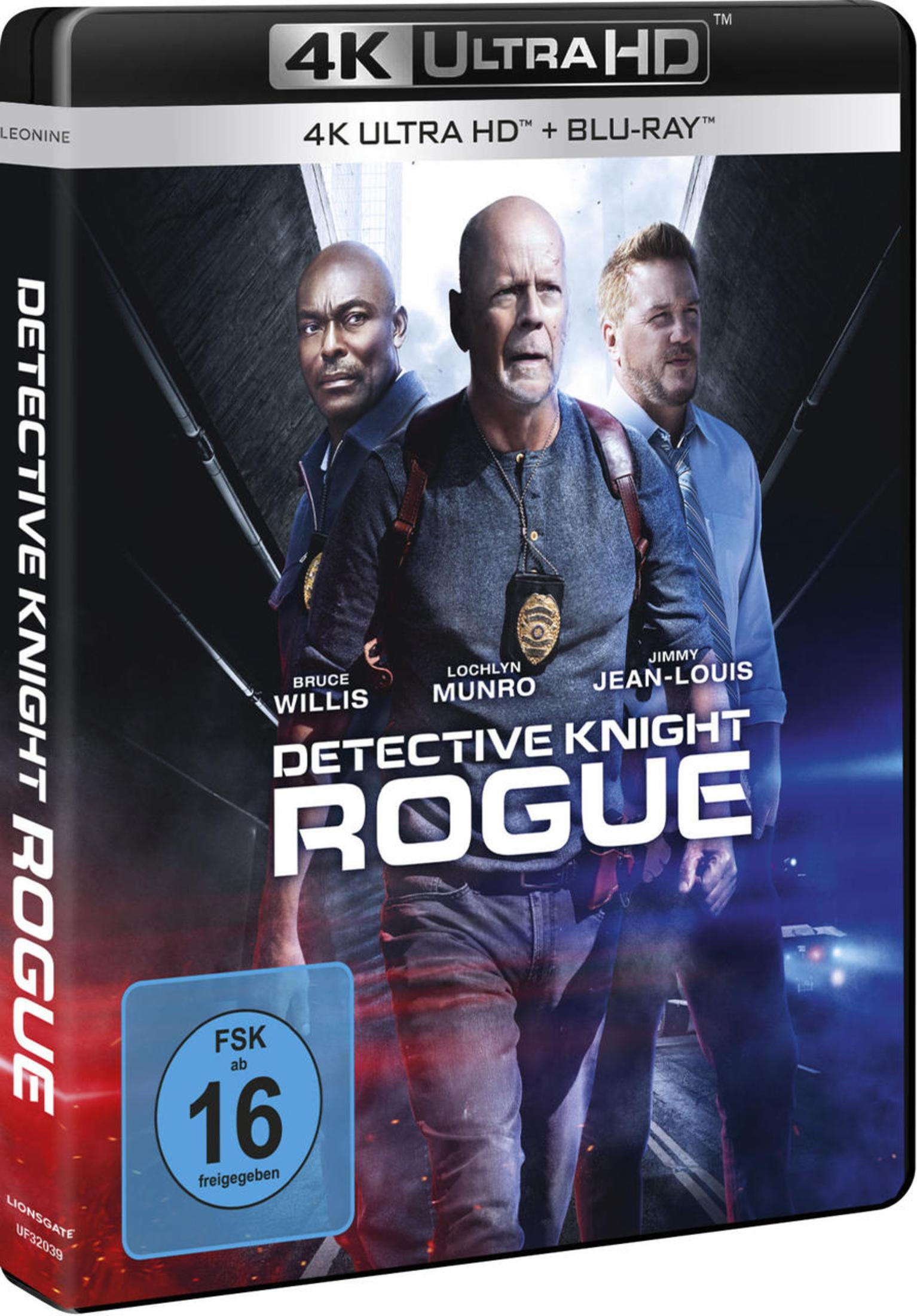 Blu-ray Cover von Detective Knight Rogue mit drei Männern im Vordergrund und dem Titel in der Mitte.