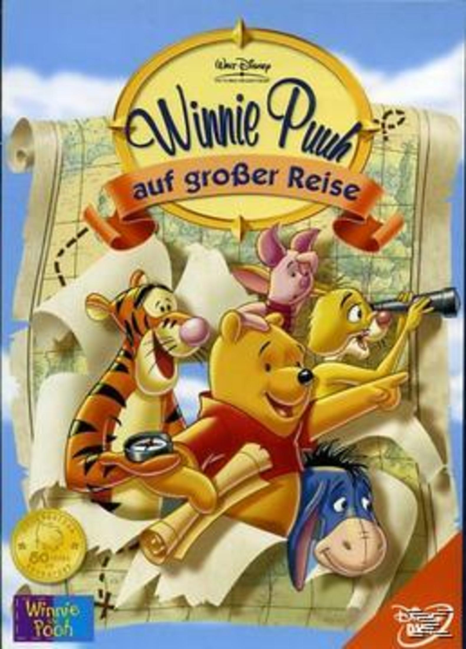 Winnie Puuh und seine Freunde auf einer Schatzkarte vor blauem Himmel.