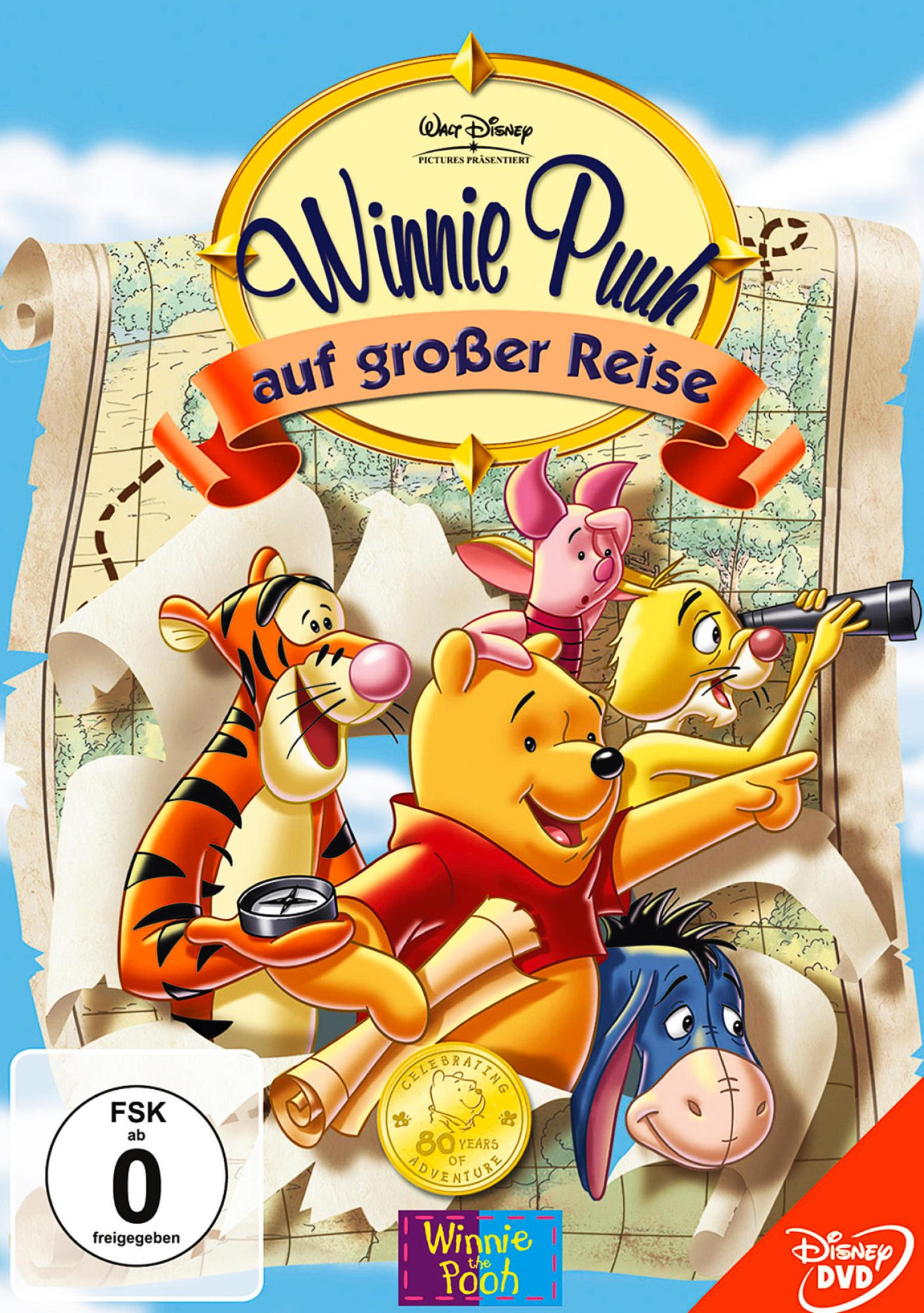 Winnie Puuh und seine Freunde vor einer Schatzkarte mit Kompass und Fernrohr.