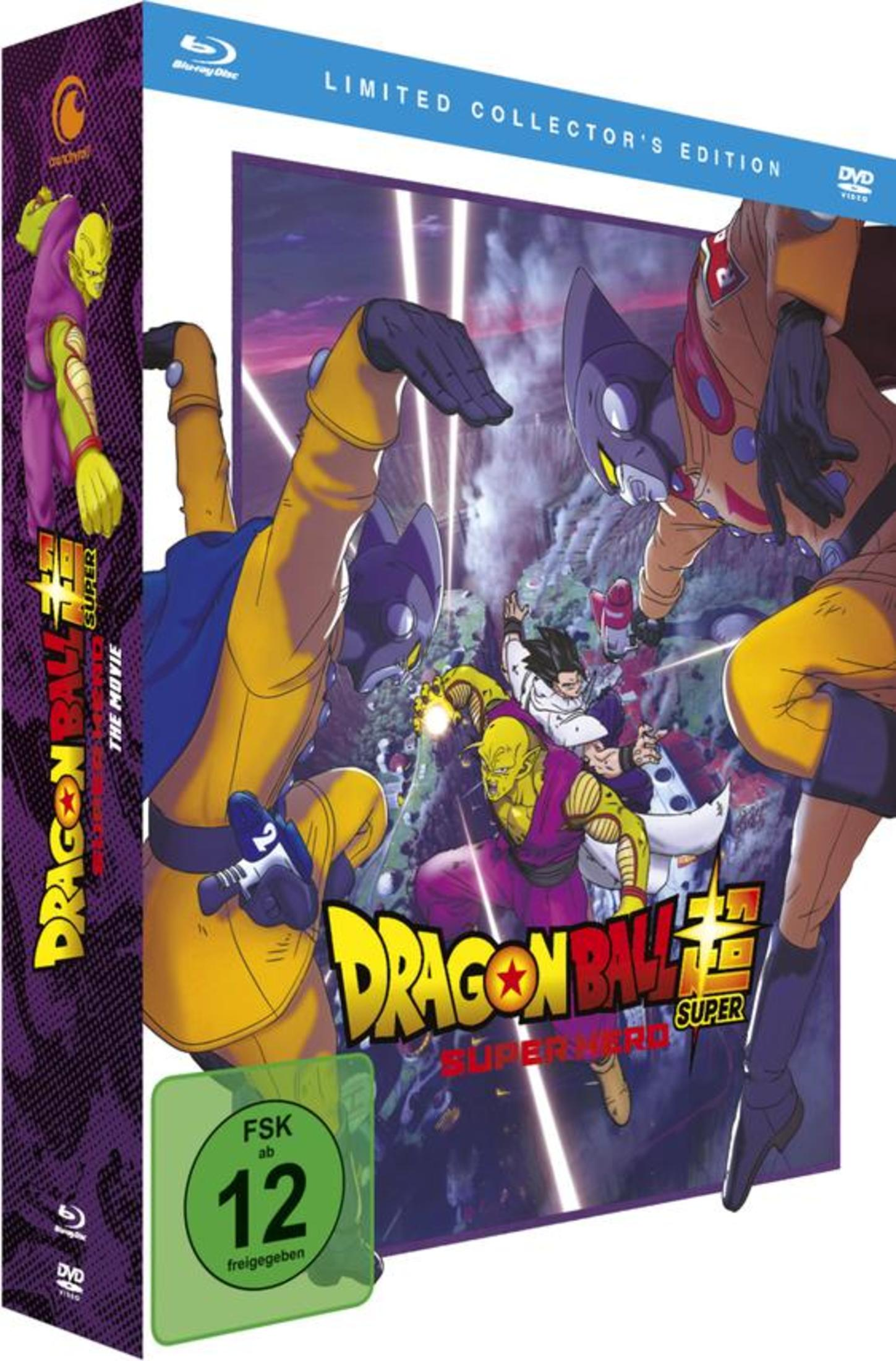 Dragon Ball Super: Super Hero Blu-ray Box mit kämpfenden Anime-Charakteren vor einem lila Himmel.