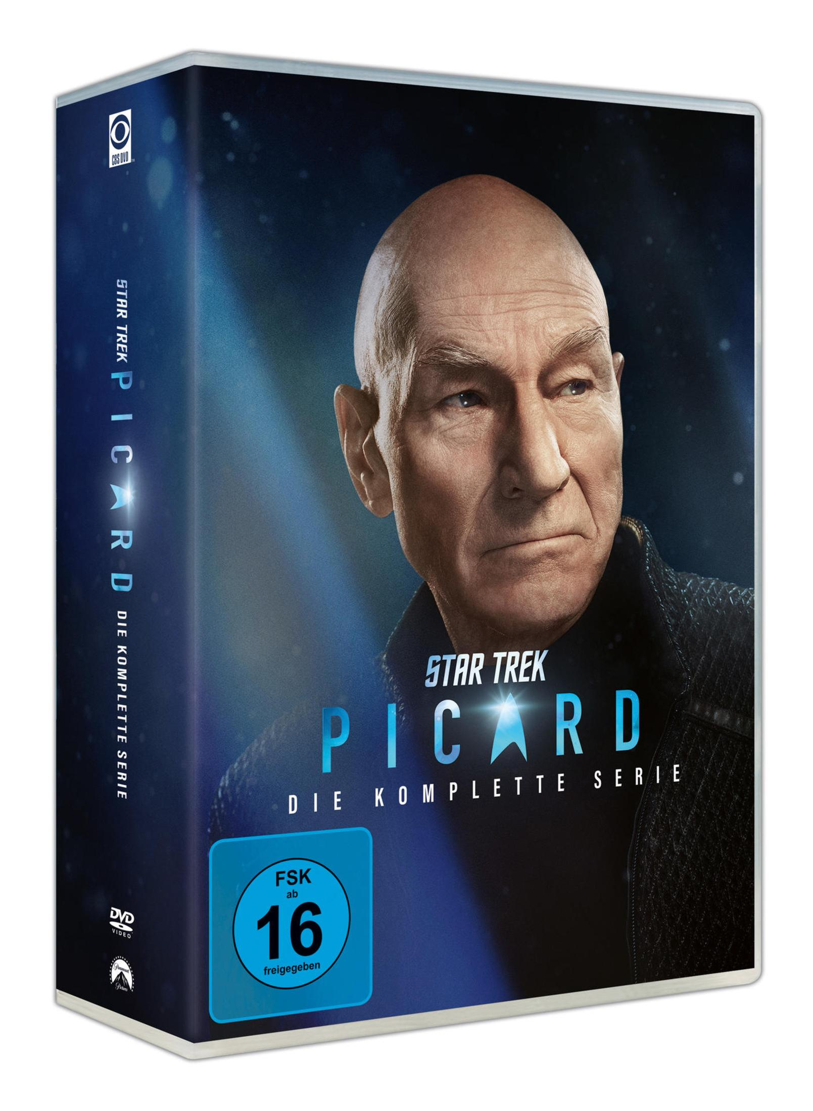 DVD-Hülle von Star Trek: Picard mit Porträt von Patrick Stewart und FSK-16-Logo.