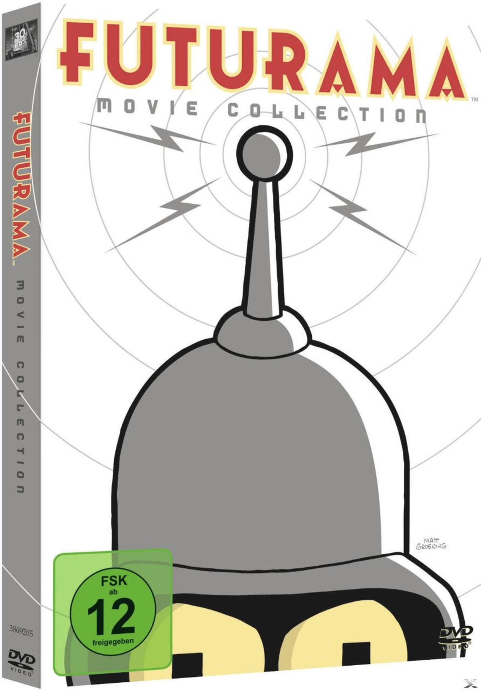 DVD-Cover der Futurama Movie Collection zeigt Benders grauen Kopf vor weißem Hintergrund mit Funken.