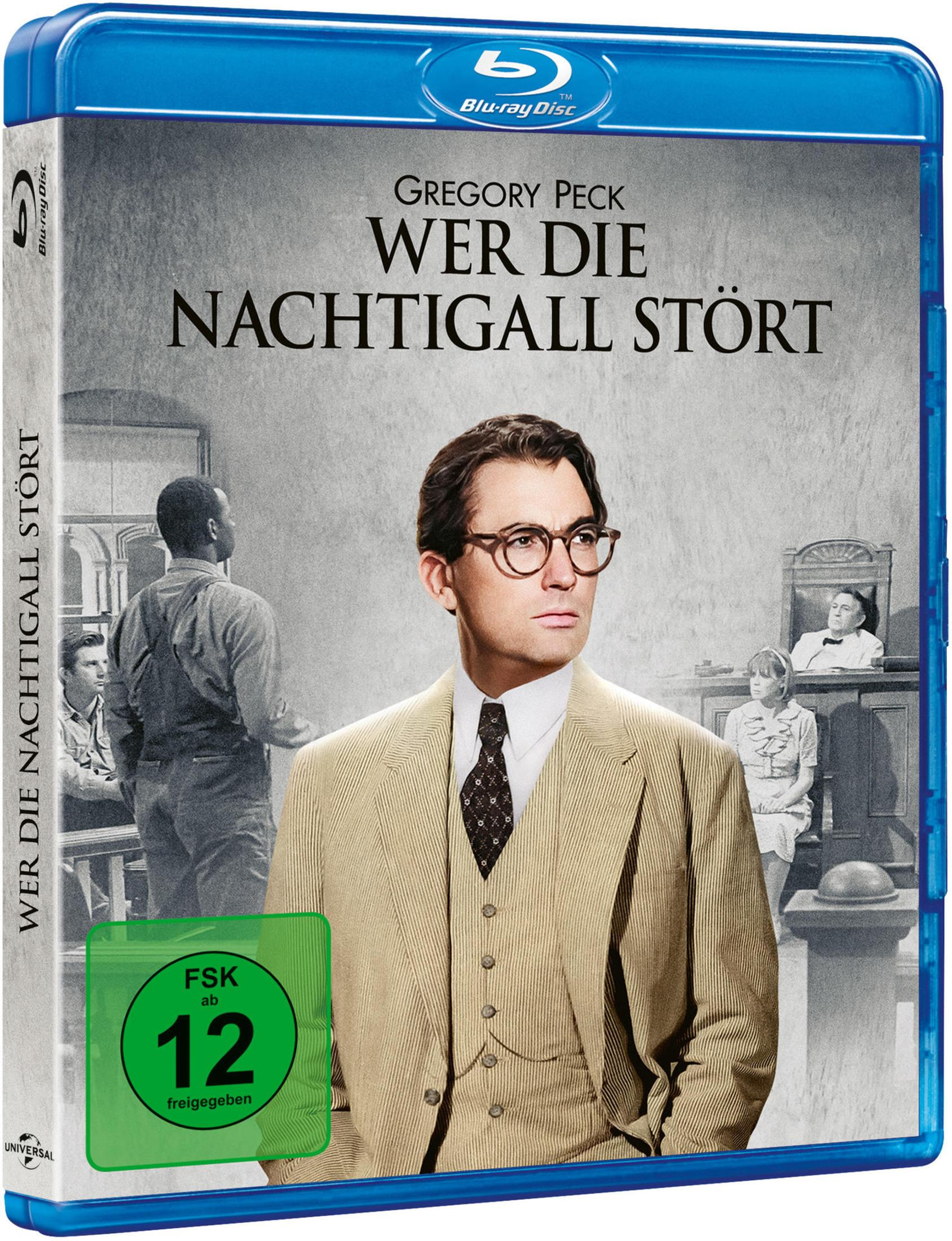 Blu-ray-Hülle zu Wer Die Nachtigall Stört mit Gregory Peck in Brille, Anzug und Gerichtsszenen im Hintergrund.