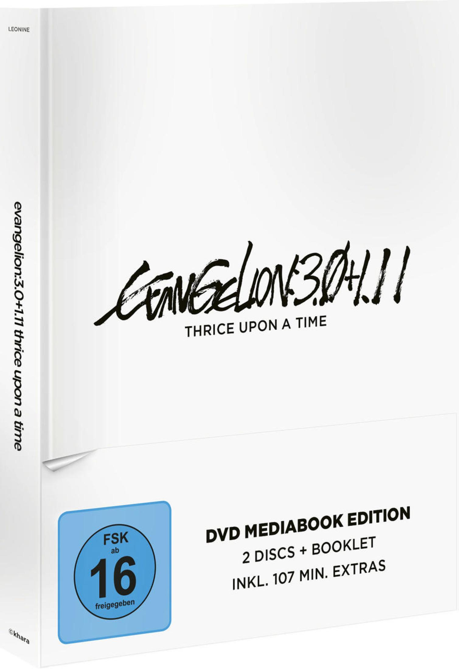 Weißes Mediabook von Evangelion 3.0+1.11 mit FSK-16-Logo und Textdetails.