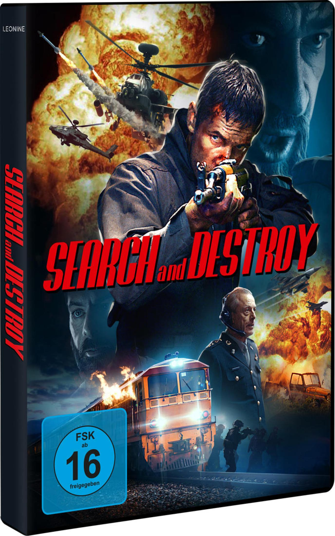 Action-Filmposter: Ein Soldat zielt mit einem Gewehr im Vordergrund. Im Hintergrund sind Hubschrauber, Explosionen und ein Zug.