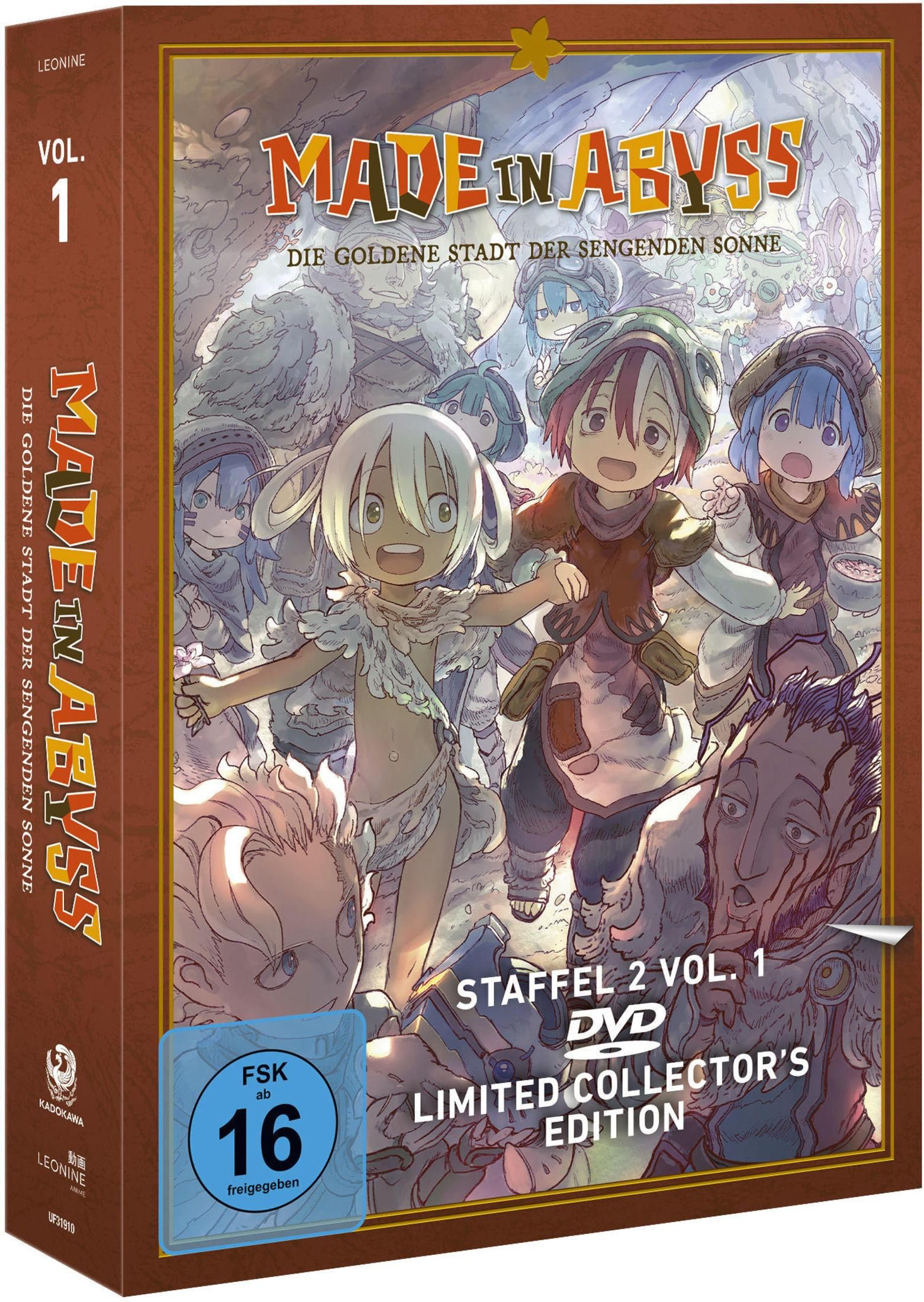 DVD-Cover von Made in Abyss Staffel 2 Vol. 1 mit mehreren Charakteren im Anime-Stil und FSK-16-Logo.
