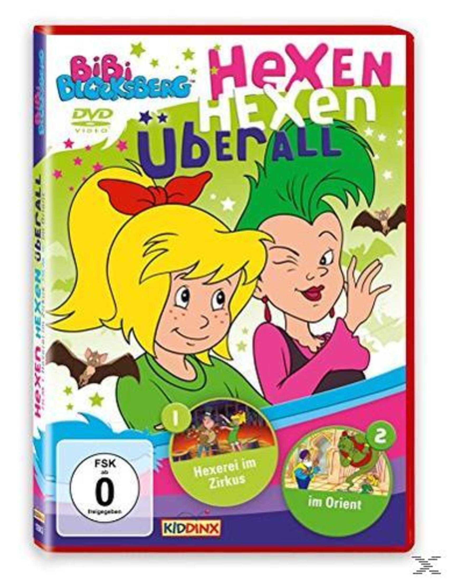 DVD-Cover von Bibi Blocksberg mit zwei Zeichentrickhexen, Sternen, Fledermäusen und dem Titel Hexen Hexen Überall.