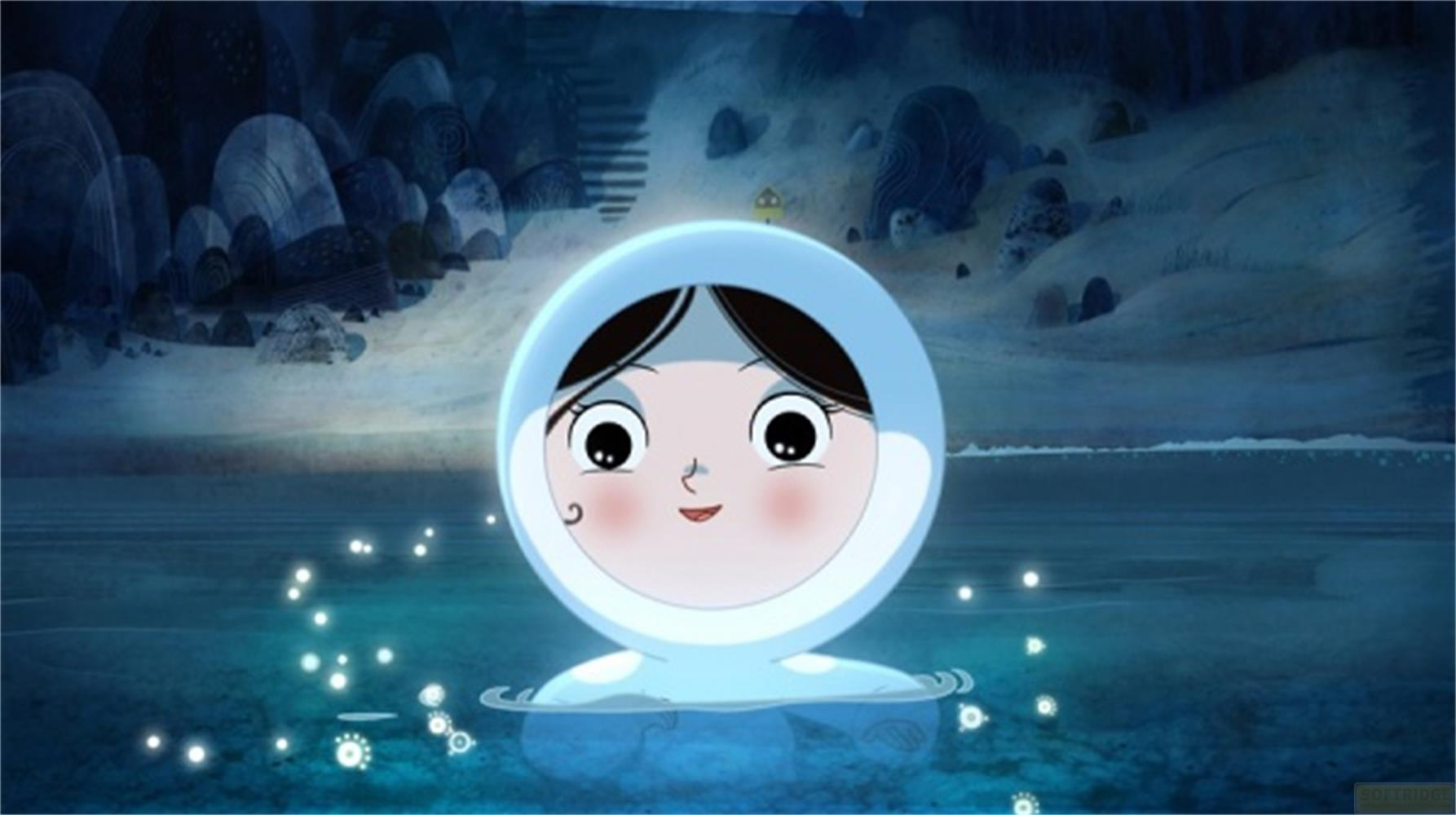 Ein cartoonartiges Kind mit dunklem Haar im blauen Anzug schwimmt im dunklen Wasser mit leuchtenden Punkten.