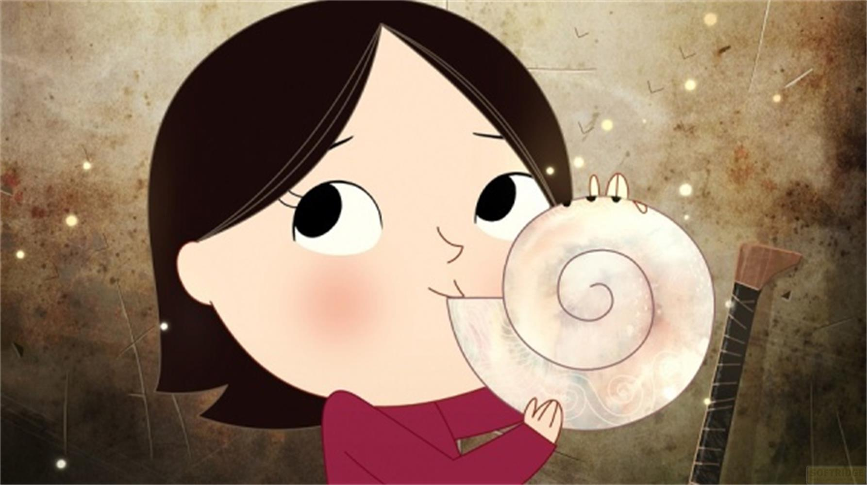 Ein animiertes Mädchen mit dunklen Haaren und rotem Hemd hält eine große Spiralschnecke an den Mund vor strukturiertem Hintergrund.