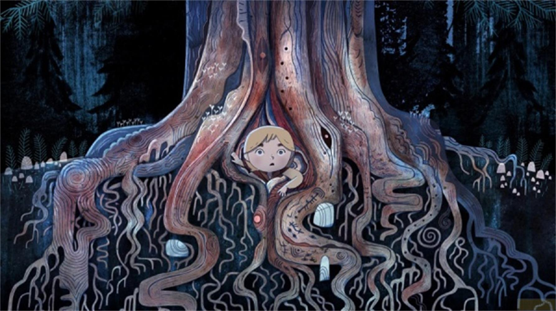 Ein blondes Kind schaut aus einer Höhle zwischen den verschlungenen Wurzeln eines riesigen dunklen Baumes.
