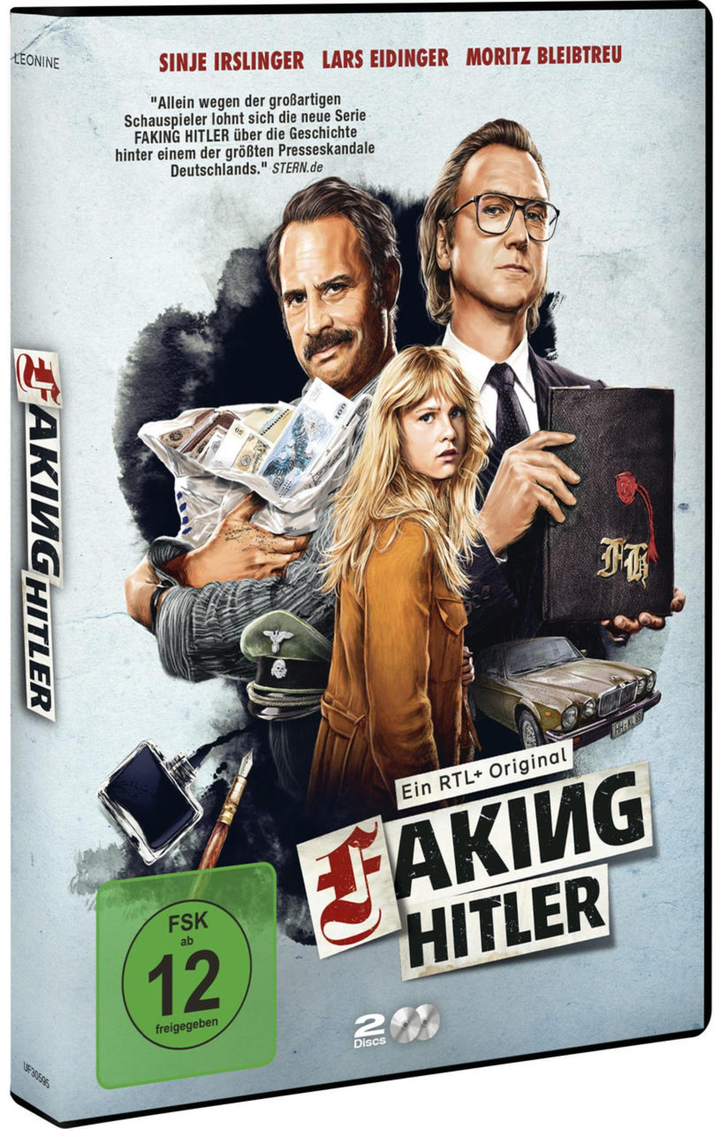 DVD-Cover von Faking Hitler mit drei Schauspielern, einer Geldtasche, einem Tagebuch und FSK 12 Logo.
