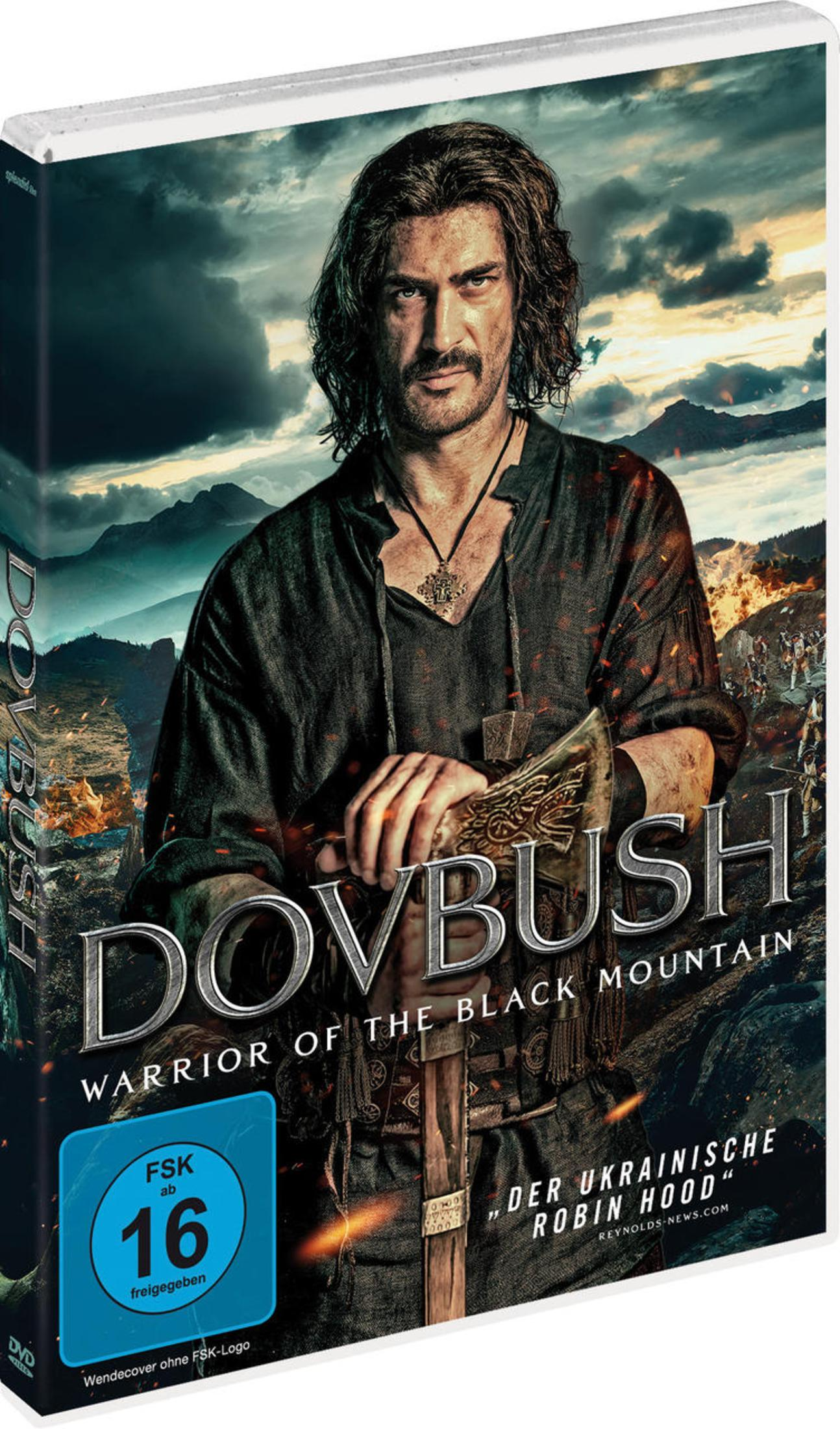 DVD-Cover von Dovbush mit einem bärtigen Krieger, der eine Axt vor einer dramatischen Berglandschaft hält.