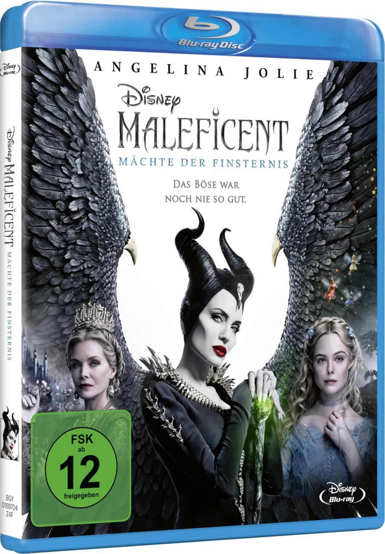 Blu-ray-Hülle von Maleficent 2 mit Angelina Jolie mit Hörnern und Flügeln, flankiert von zwei weiteren Figuren.