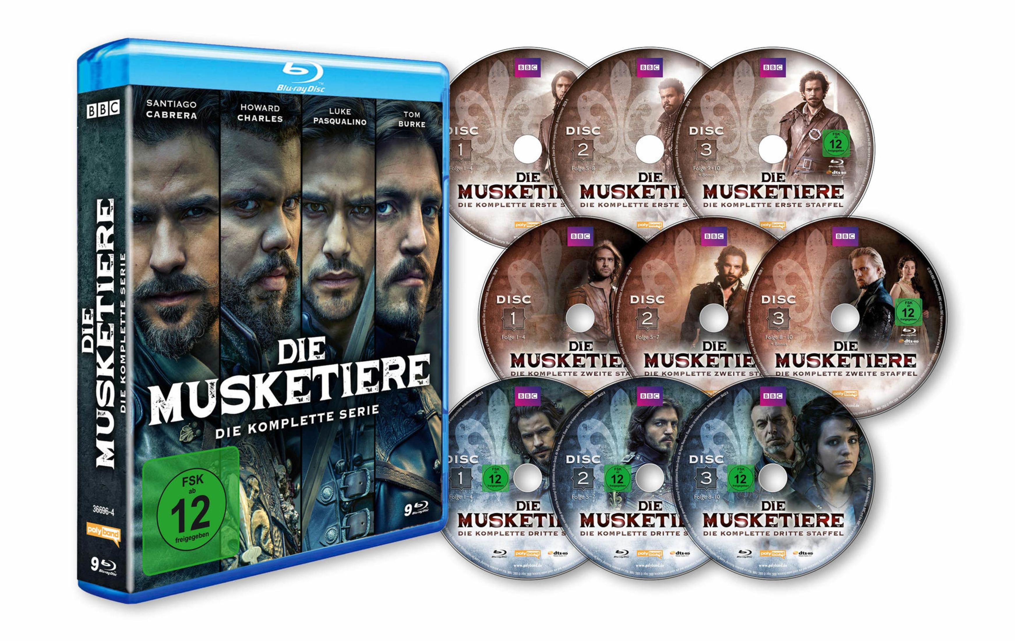 Die Musketiere Blu-ray-Box mit neun Discs und Hauptcharakteren.