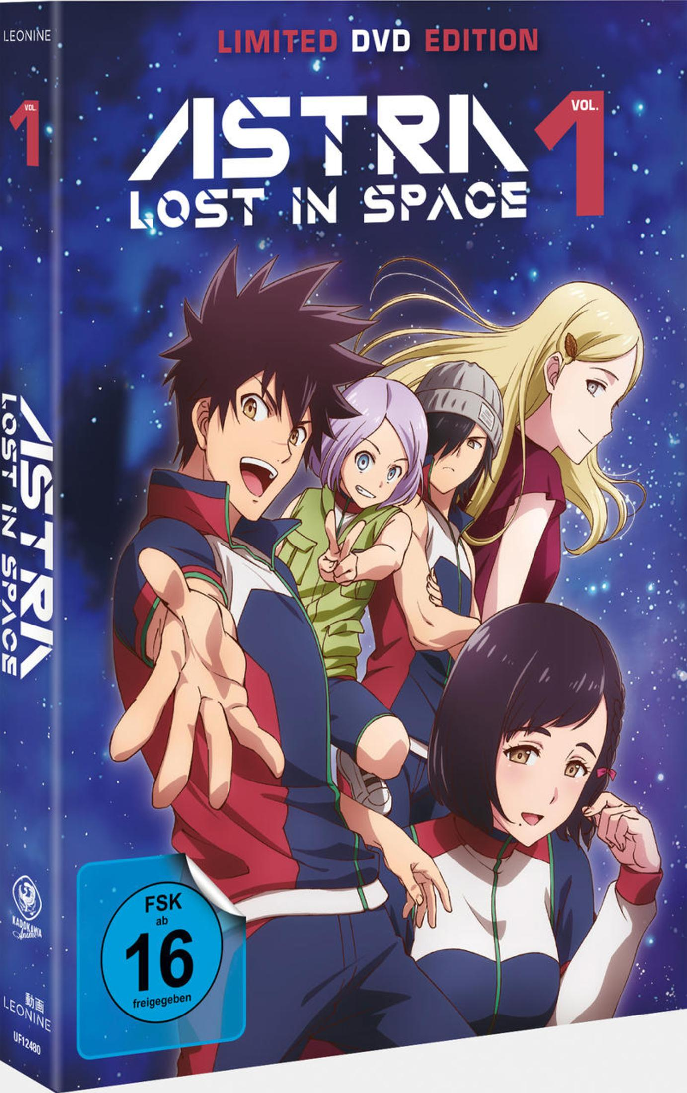 DVD-Cover von Astra Lost in Space Vol. 1 mit fünf Anime-Charakteren vor einem blauen Sternenhimmel.