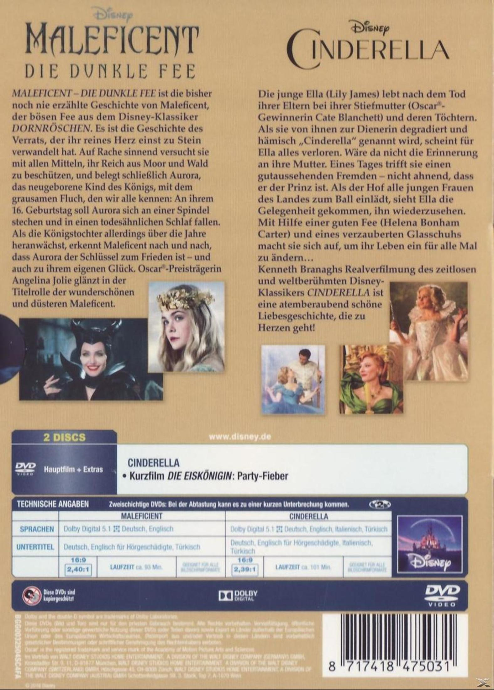 DVD-Rückseite mit Filmbeschreibungen für Maleficent und Cinderella, inklusive Bildern und technischen Daten.