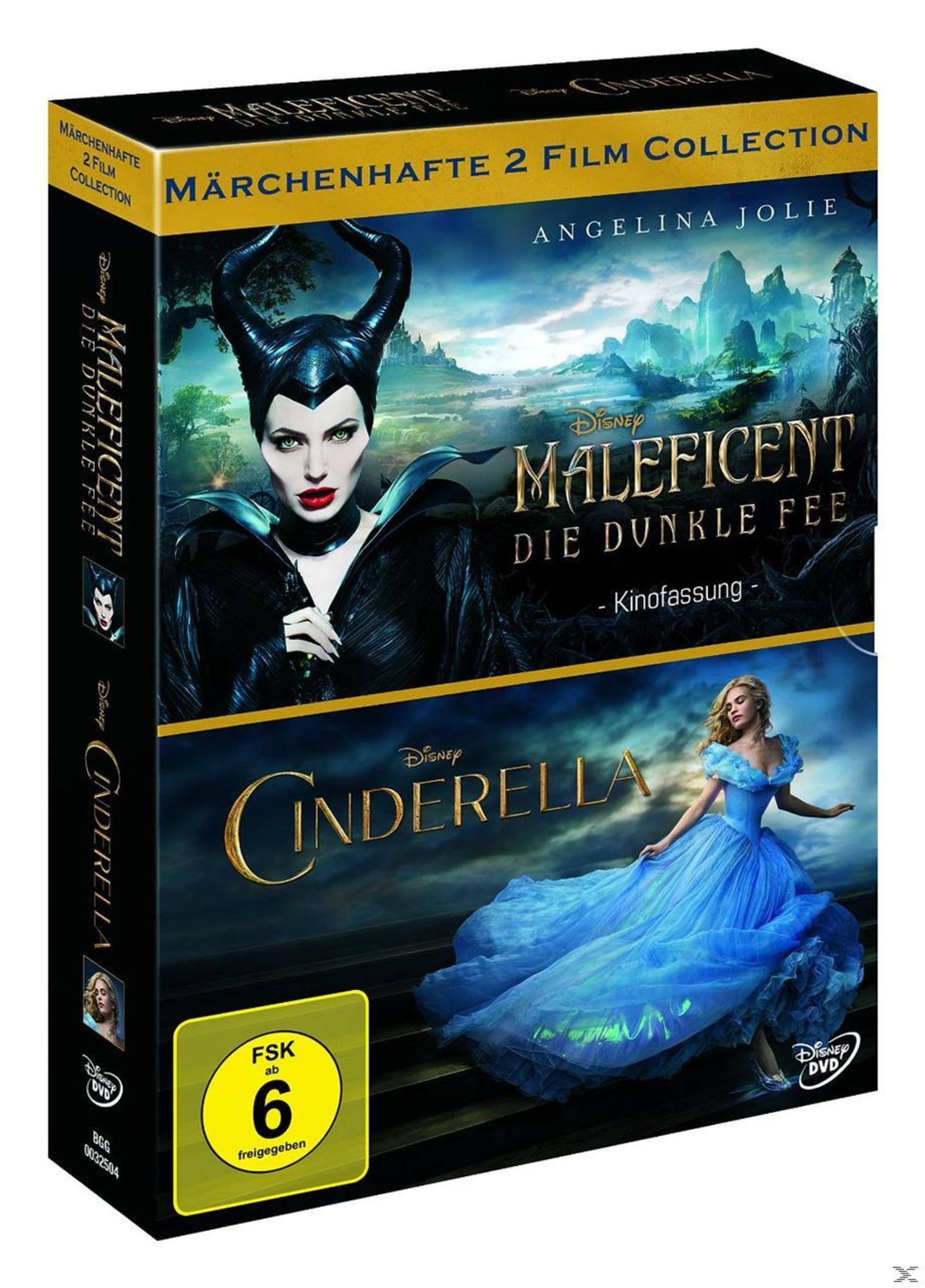 DVD-Box mit Maleficent und Cinderella, zeigt Angelina Jolie in Schwarz und Cinderella in einem blauen Kleid.