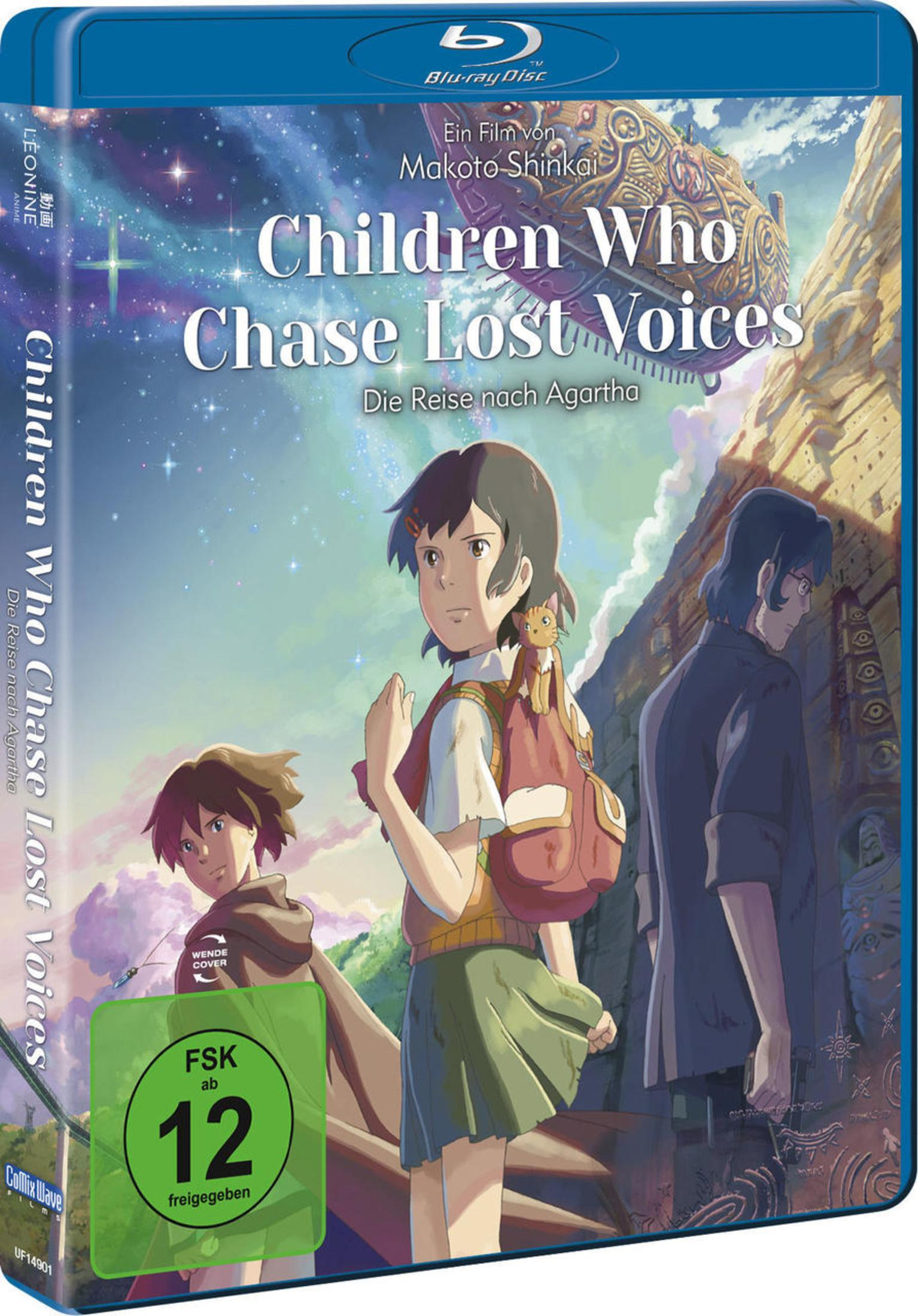 Blu-ray-Hülle des Animes Children Who Chase Lost Voices mit drei Charakteren vor einem bunten Himmel.