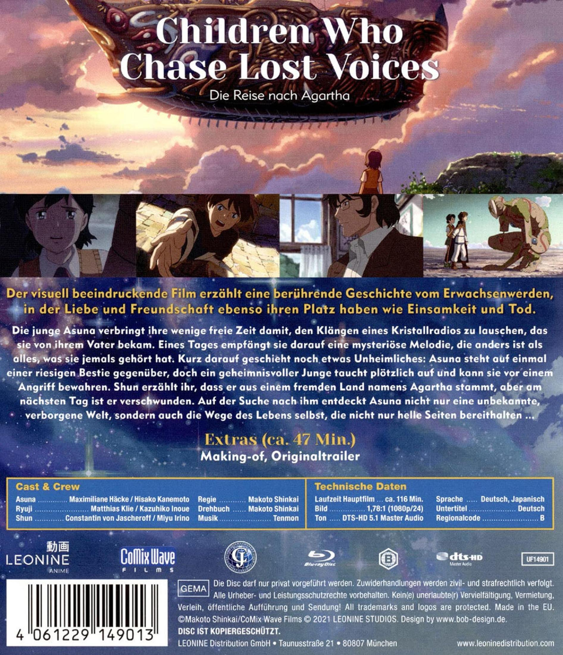 Anime-Blu-ray-Rückseite mit Szenenbildern, Filmtitel und Cast-Informationen auf Deutsch.