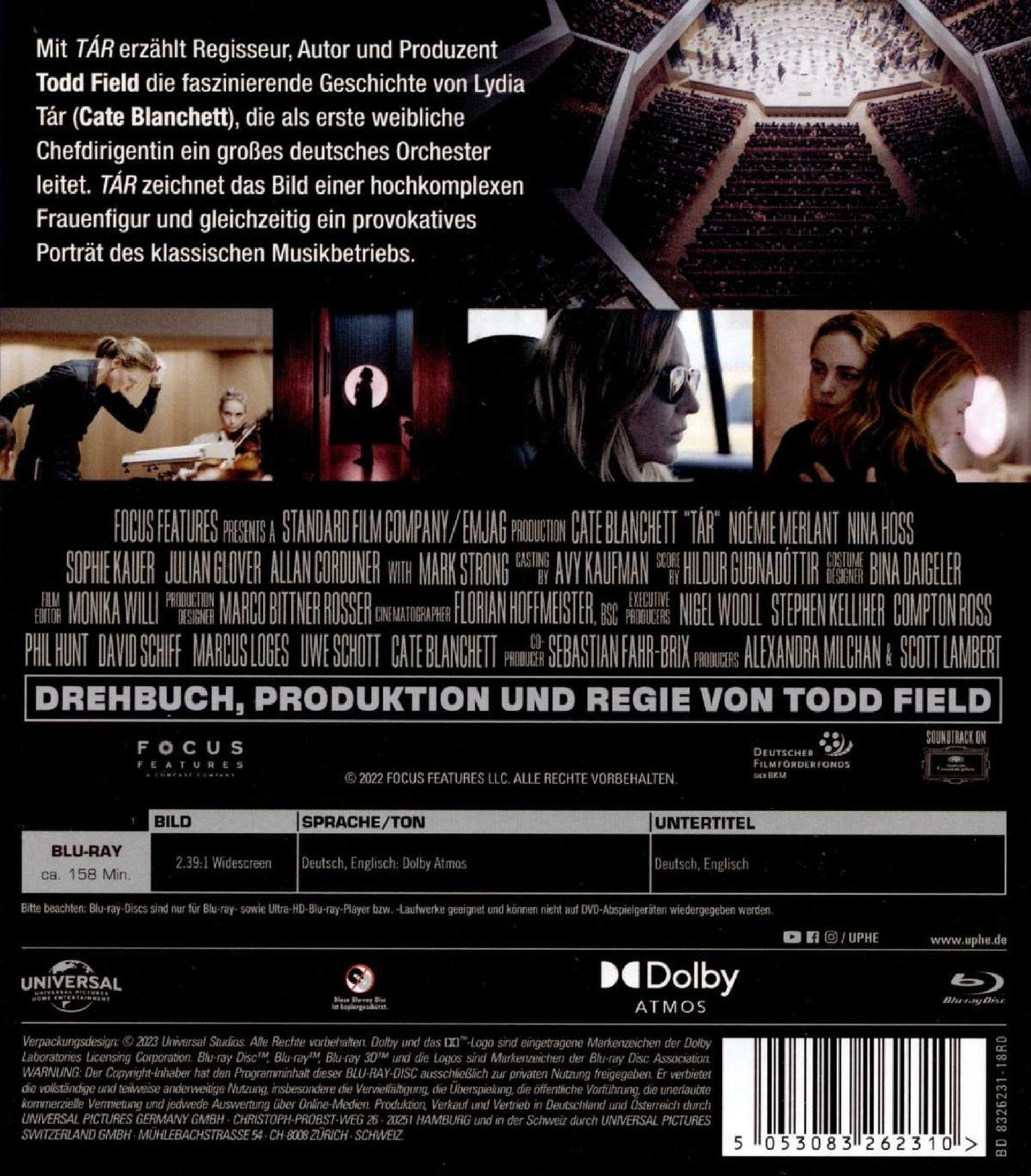 Rückseite der Blu-ray-Hülle des Films Tár mit Text auf Deutsch, Szenenbildern und Credits.