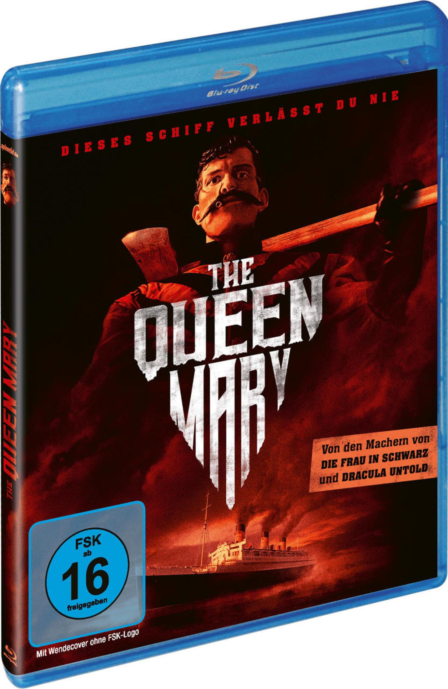 Blu-ray-Hülle des Films The Queen Mary mit einem Mann mit Axt und einem Schiff vor rotem Hintergrund.