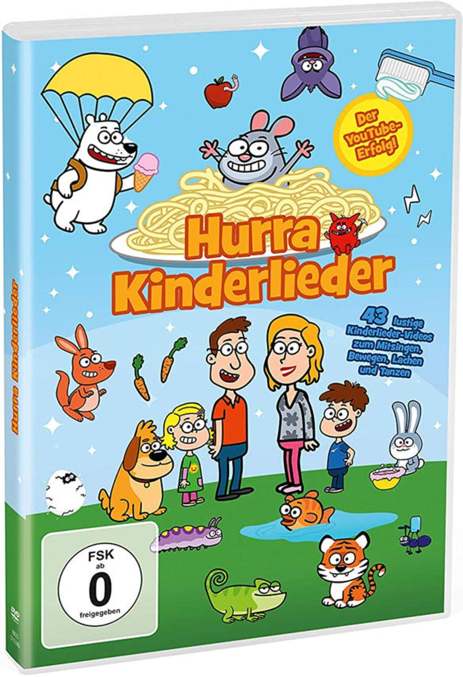 Bunte Zeichentrickfiguren und Familie auf einem DVD-Cover von Hurra Kinderlieder.