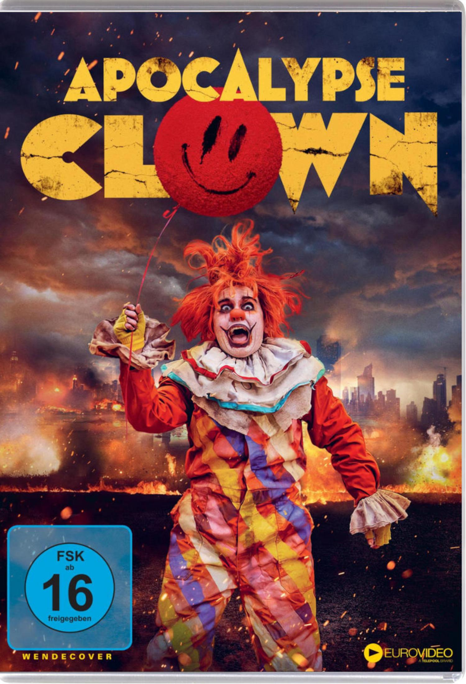 Ein manischer Clown mit einem roten Smiley-Ballon vor einer brennenden Stadt mit dem Titel Apocalypse Clown.