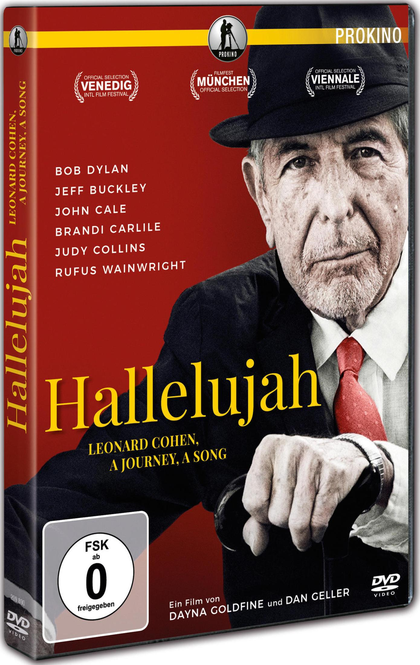 DVD-Cover des Films Hallelujah über Leonard Cohen mit Porträt des Sängers mit Hut und roter Krawatte.