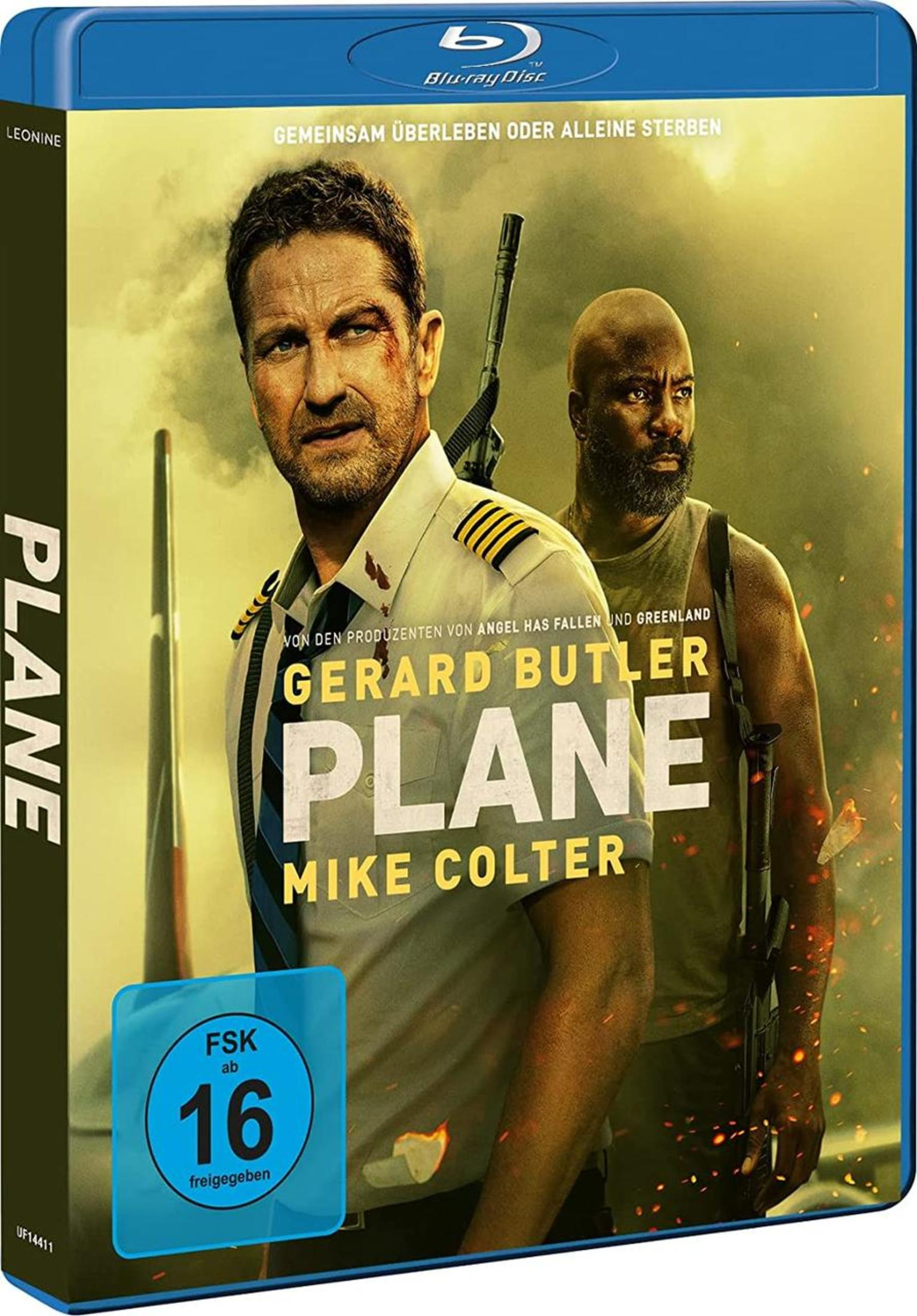 Blu-ray-Hülle des Films Plane mit Gerard Butler als Pilot und Mike Colter vor rauchigem Hintergrund.