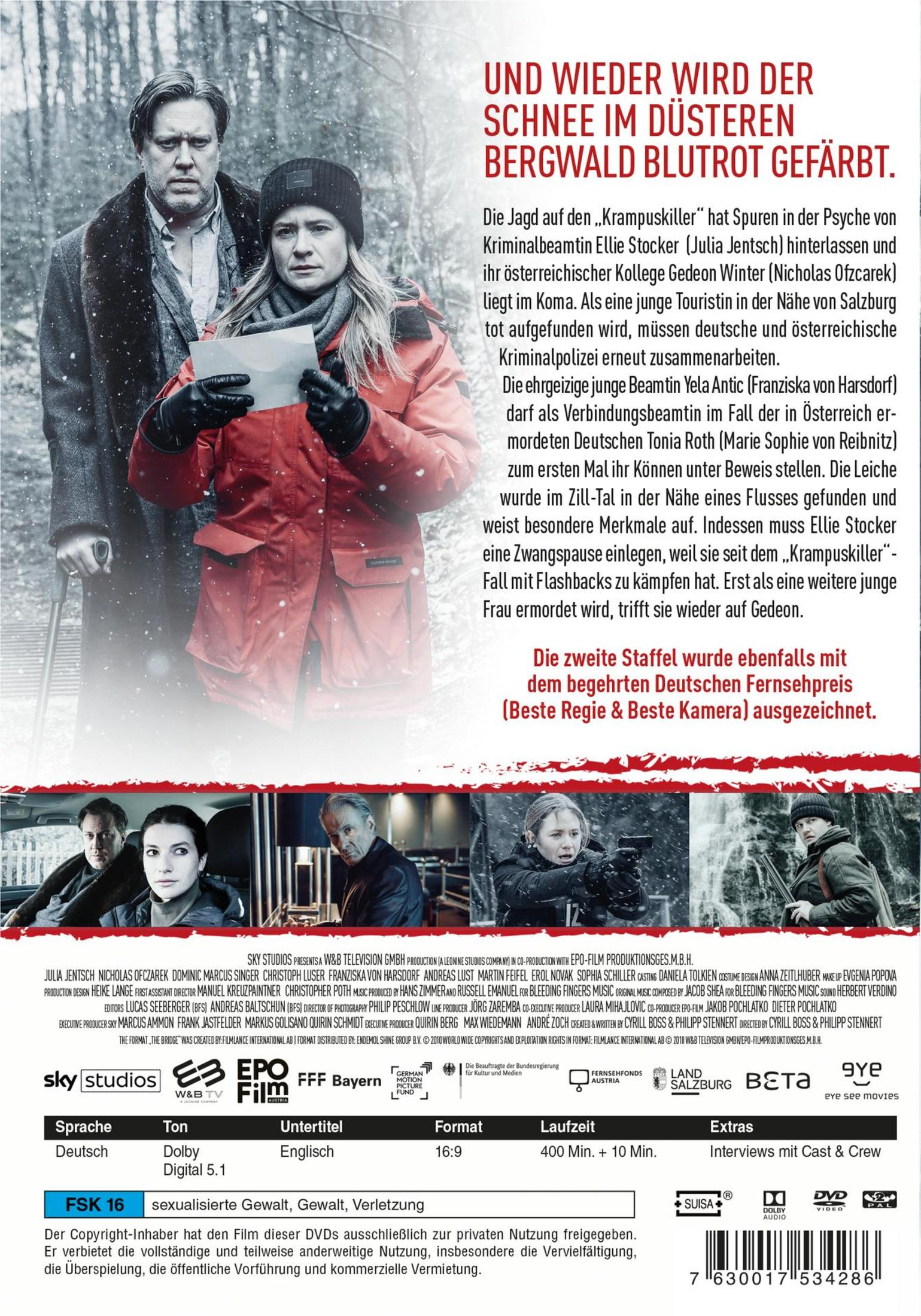 DVD-Rückseite mit zwei Schauspielern im Schnee, Text und Szenenbildern.