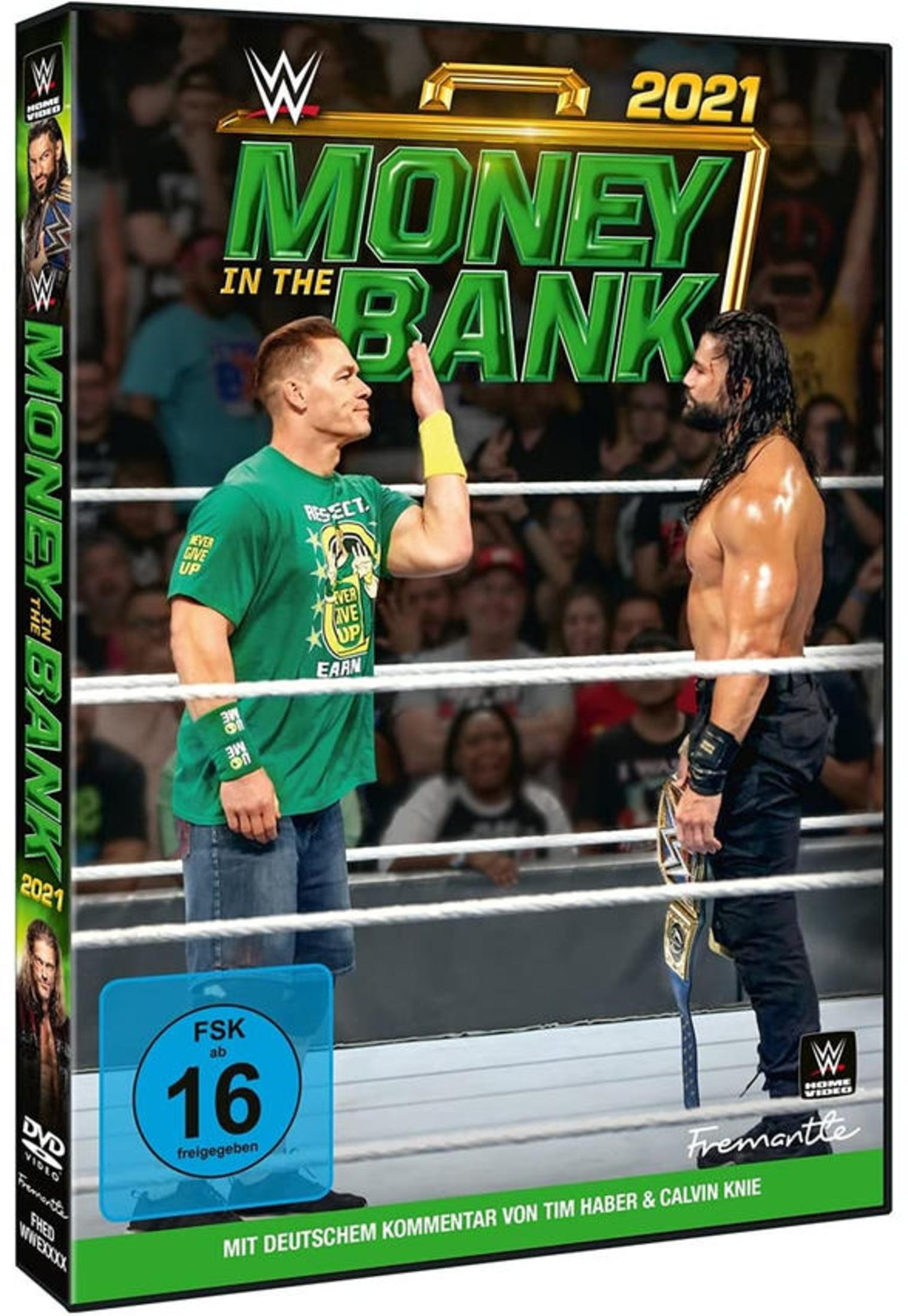 DVD-Cover von WWE Money in the Bank 2021 mit John Cena und Roman Reigns im Ring.