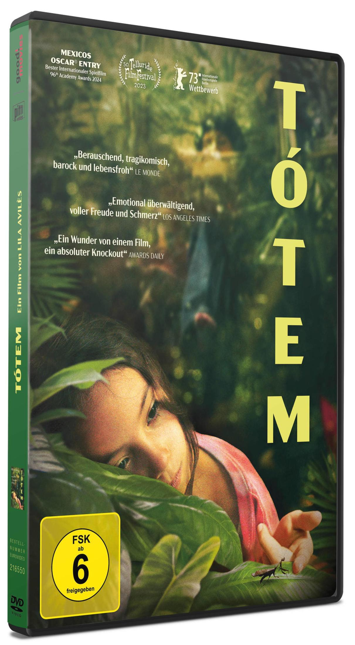 DVD-Cover des Films Tótem mit einem Mädchen hinter grünen Blättern und dem gelben Filmtitel auf der rechten Seite.