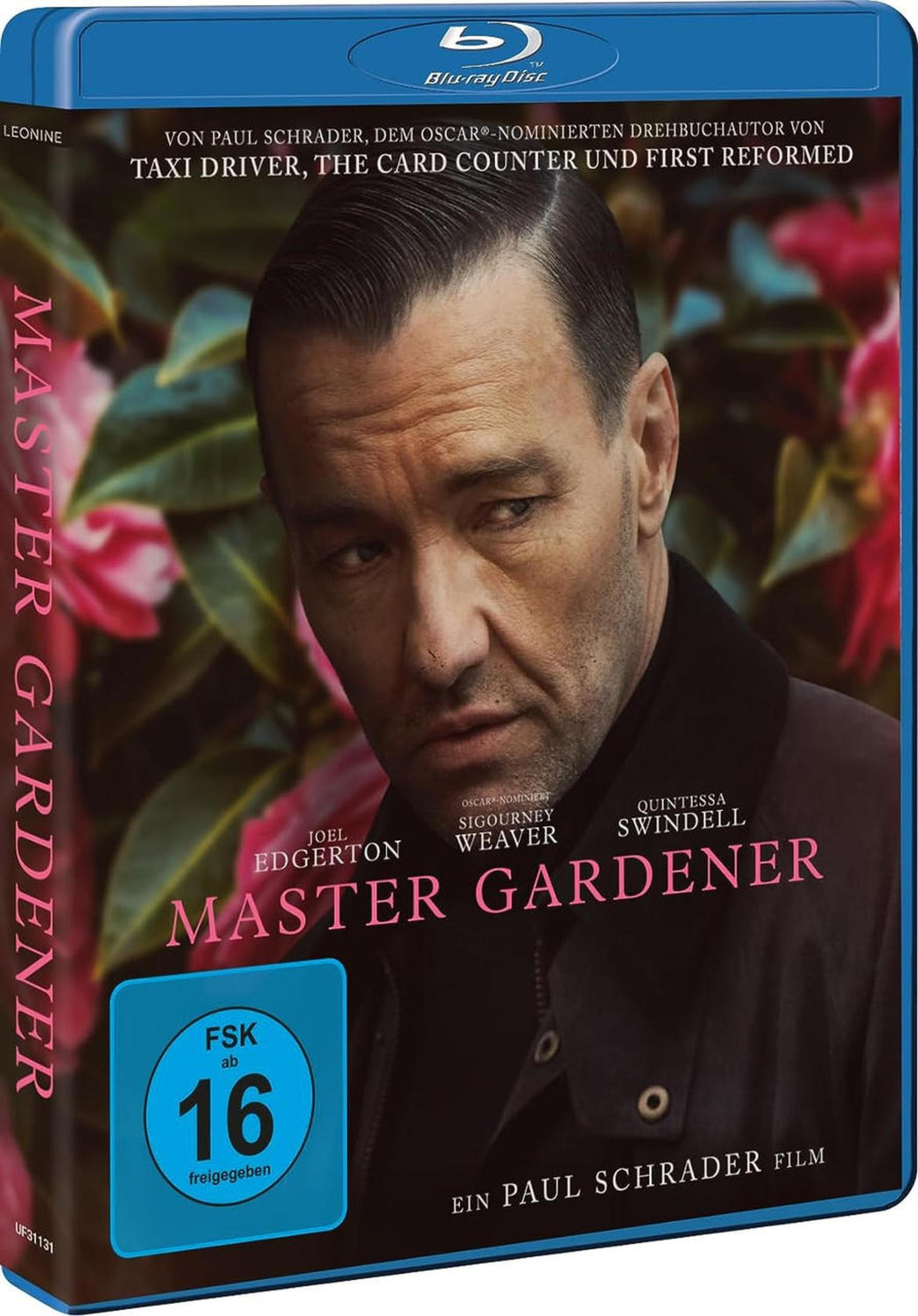 Blu-ray-Cover des Films Master Gardener mit Joel Edgerton vor rotem Hintergrund.