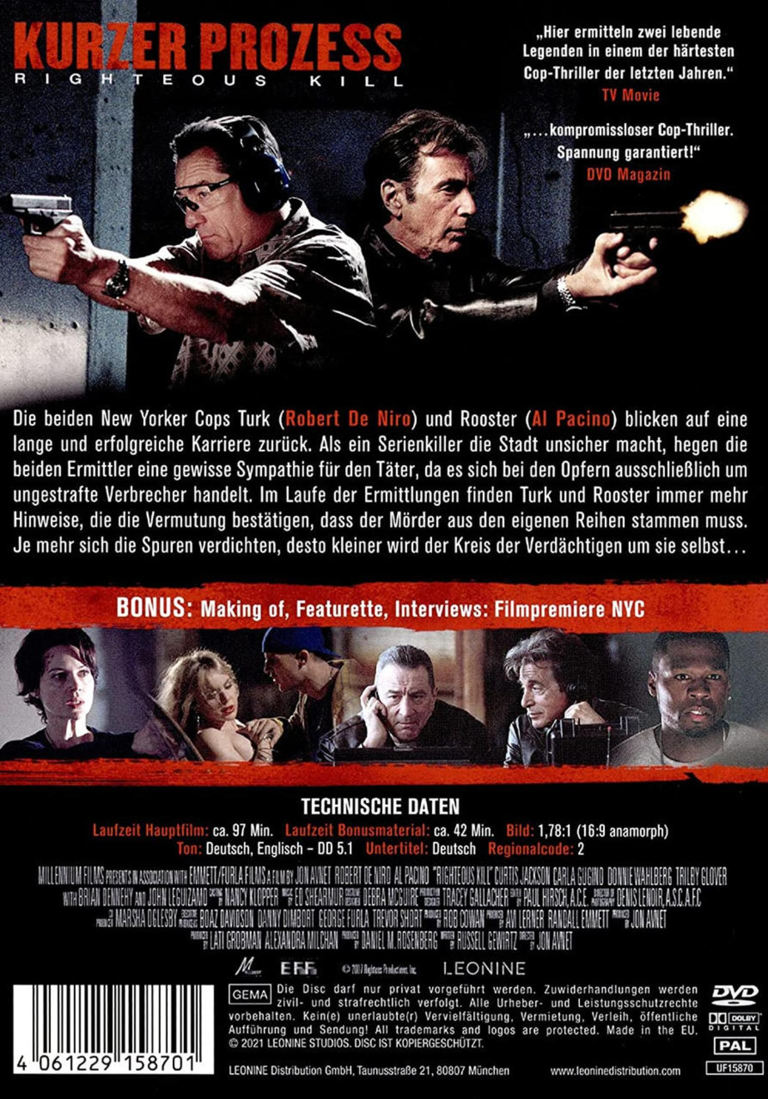 DVD-Cover des Films "Kurzer Prozess" mit Robert De Niro und Al Pacino, die Waffen halten.